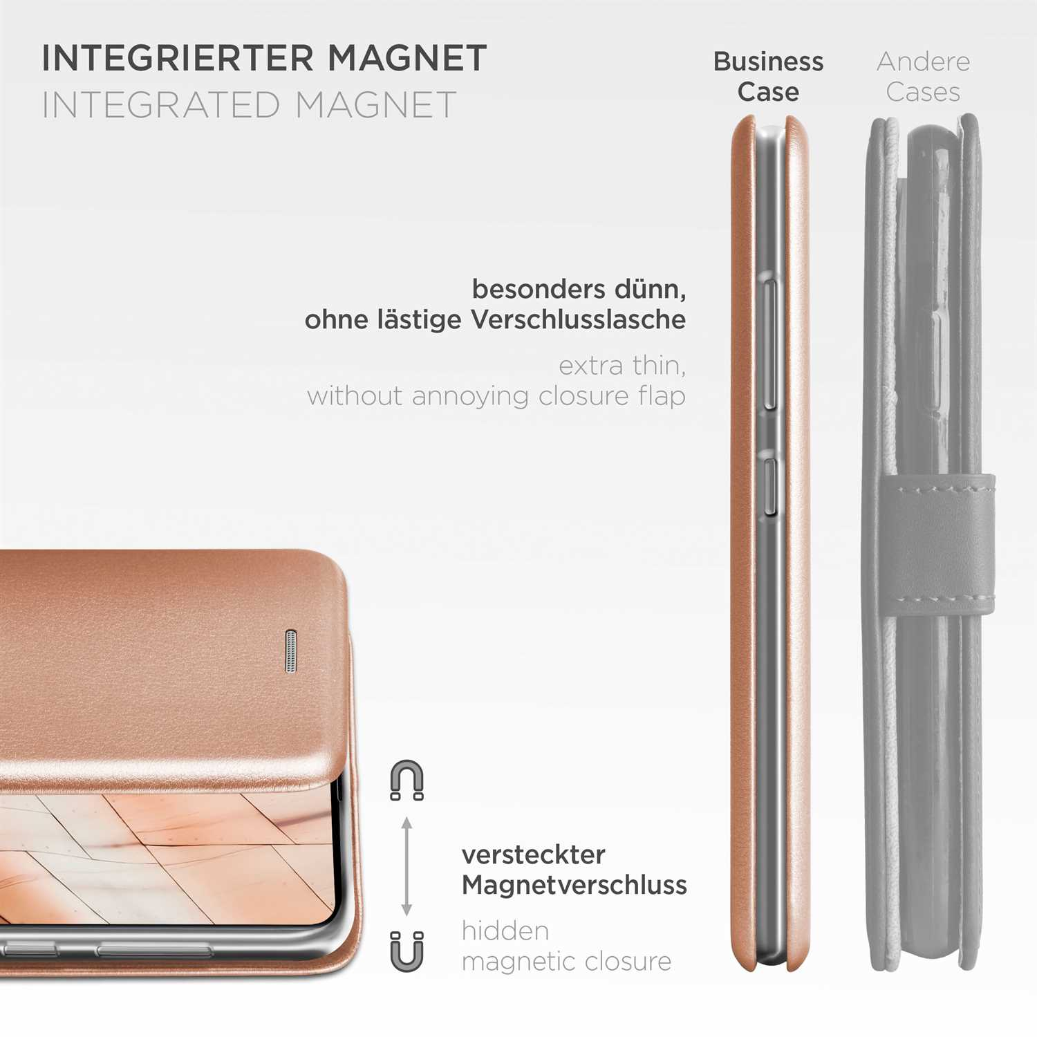 Eine Handyhülle. Zeigt integrierten Magneten und versteckten Magnetverschluss mit deutschem Text.