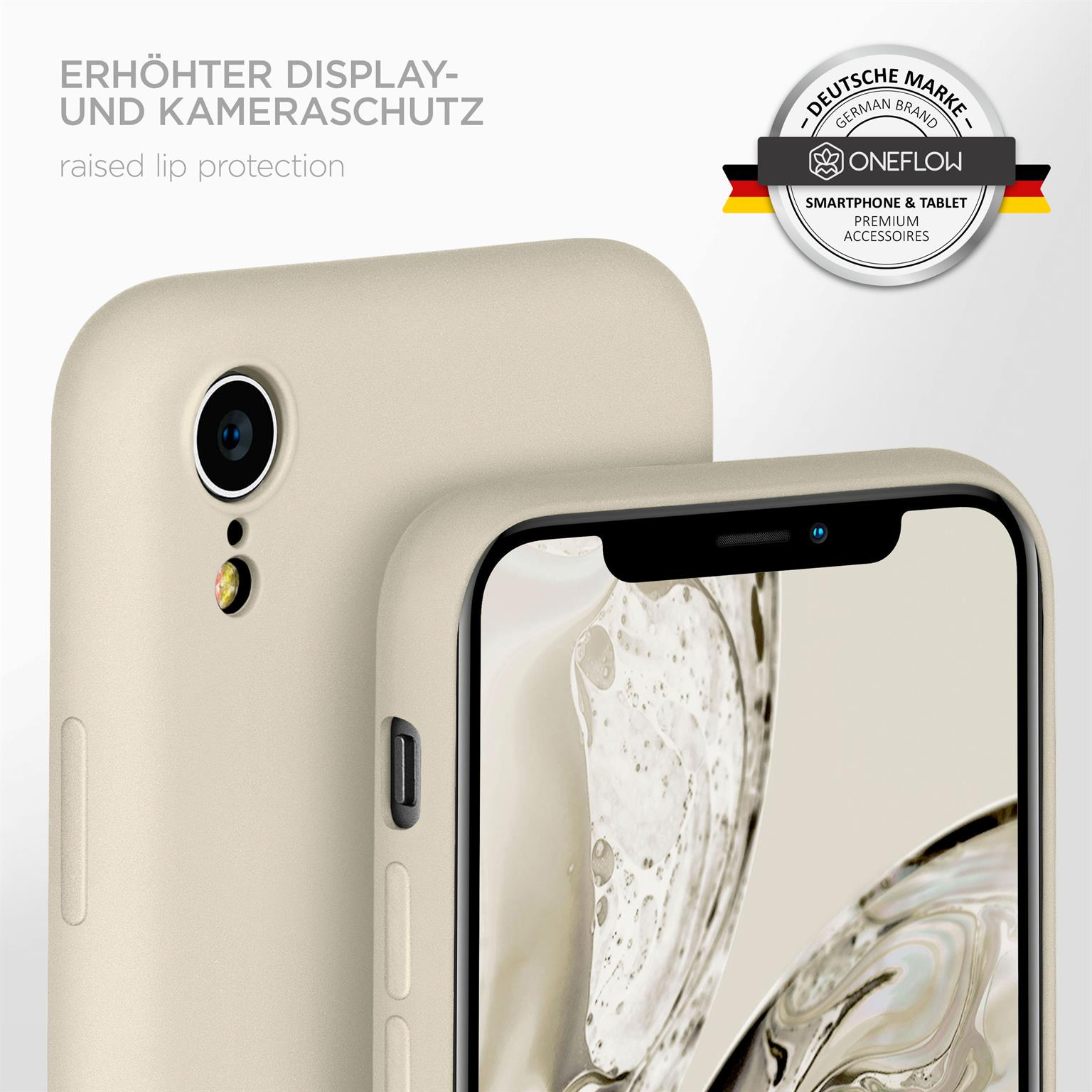 Handyhülle mit Kamera, und einem Telefonbildschirm, mit Markenlogo und deutschem Text. Erhöhter Kantenschutz.