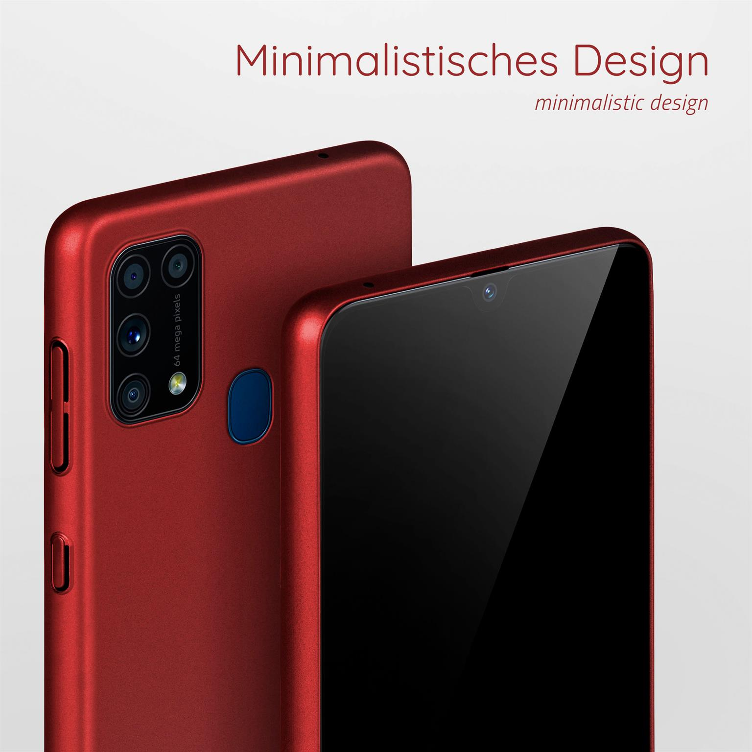 Rotes Telefon und Hülle auf weißem Hintergrund. Text: Minimalistisches Design.