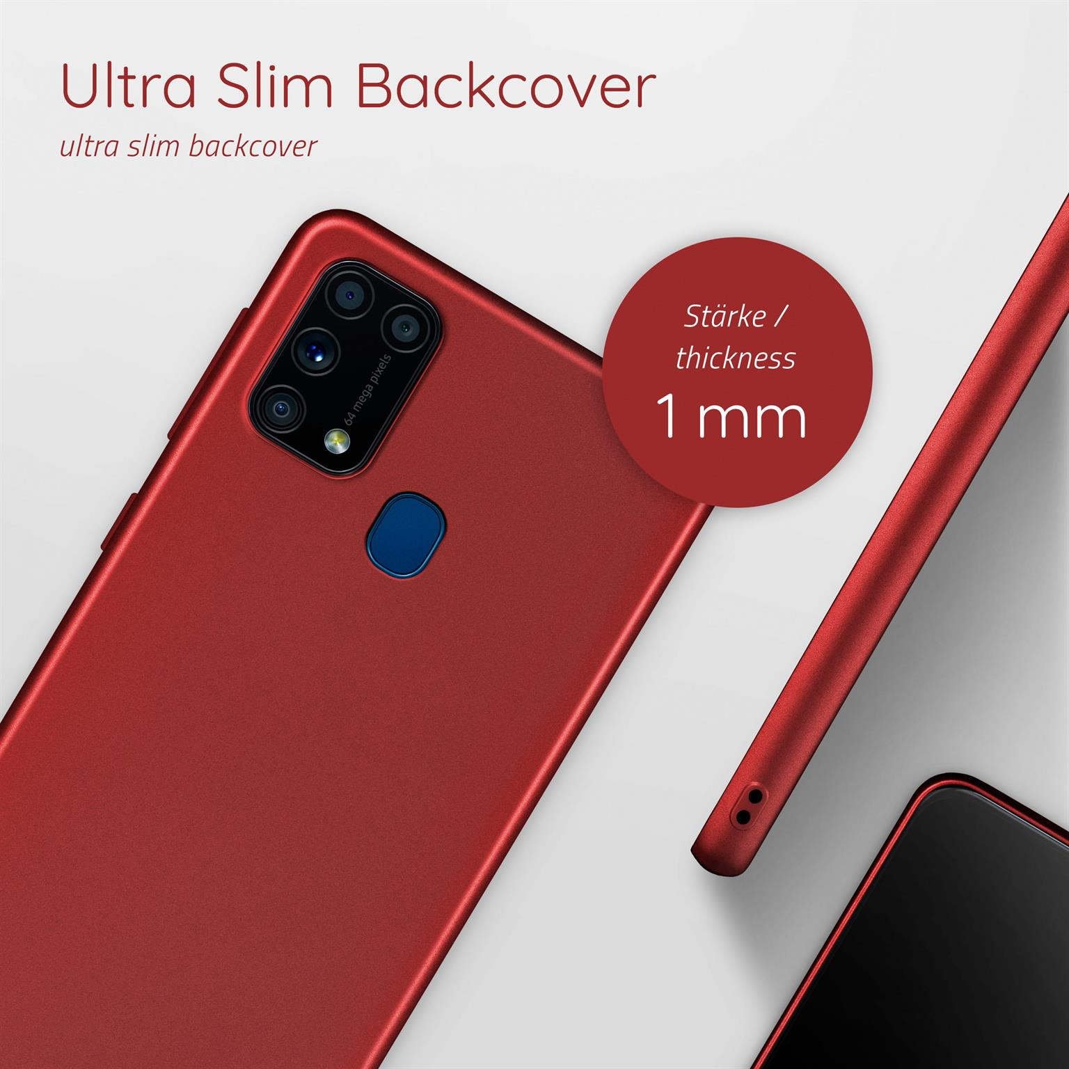 Rote Handyhülle. Text: Ultra Slim Backcover, Dicke 1 mm.