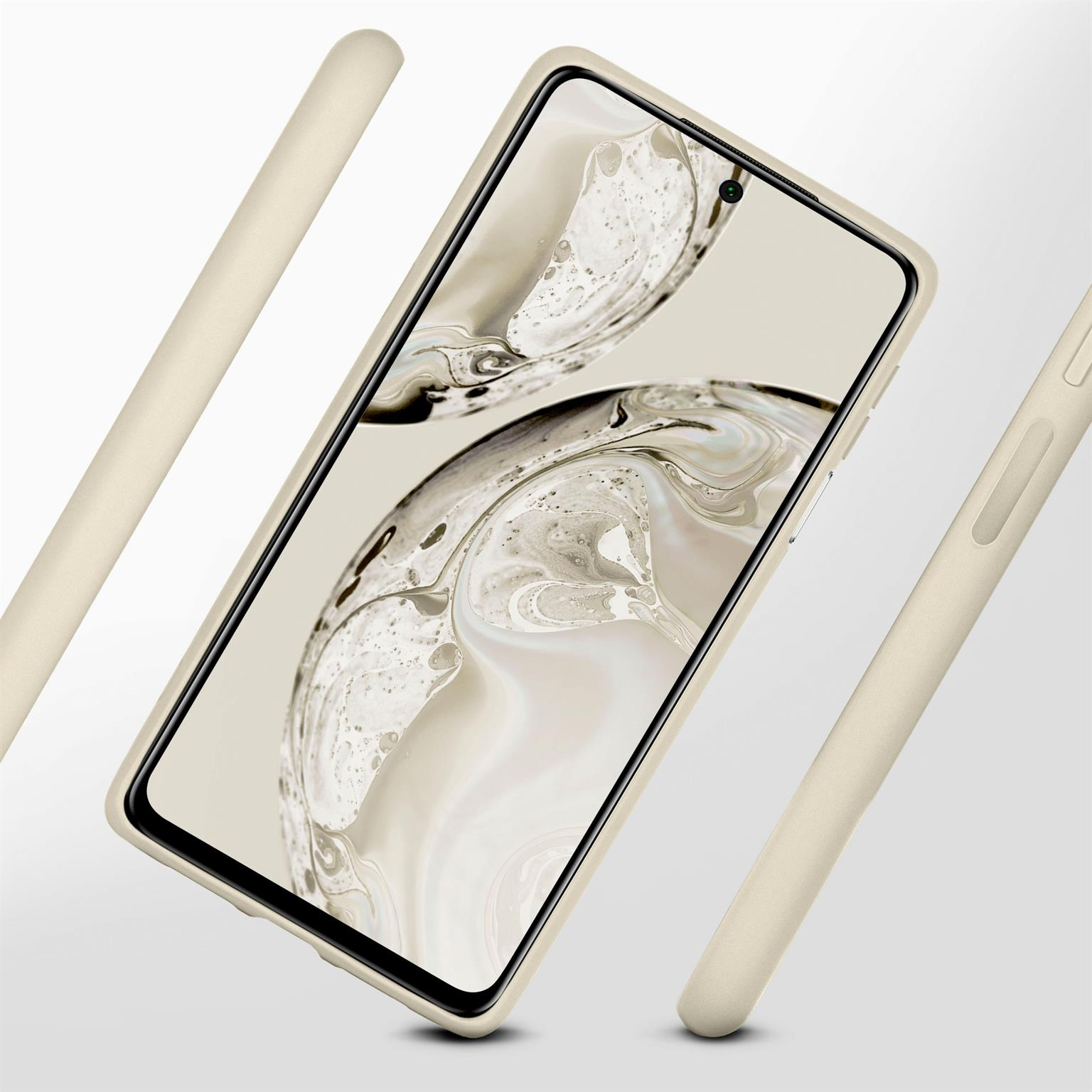 Beige Handyhülle mit Telefon darin. Es sind drei Teile der Hülle sichtbar.