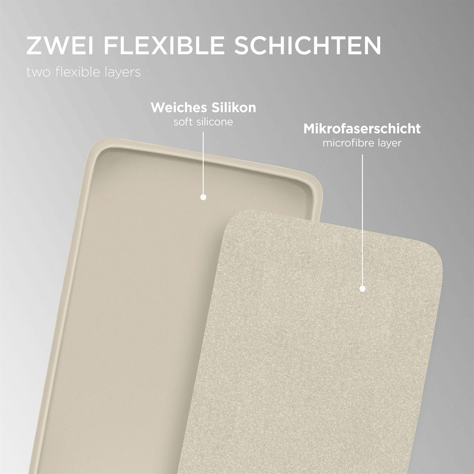 Nahaufnahme von zwei Schichten: 'Weiches Silikon' und 'Mikrofaserschicht'.
