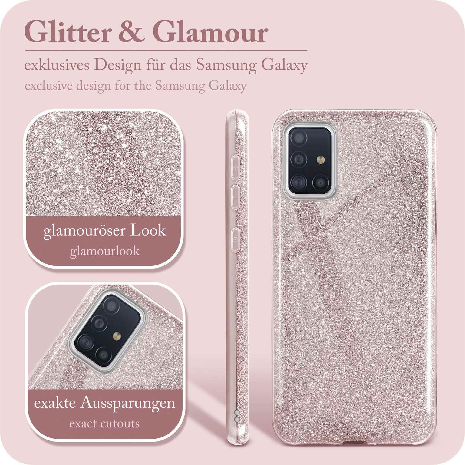 Eine glitzernde Handyhülle mit detaillierter Nahaufnahme. Der Text hebt das Design und die präzisen Aussparungen hervor.