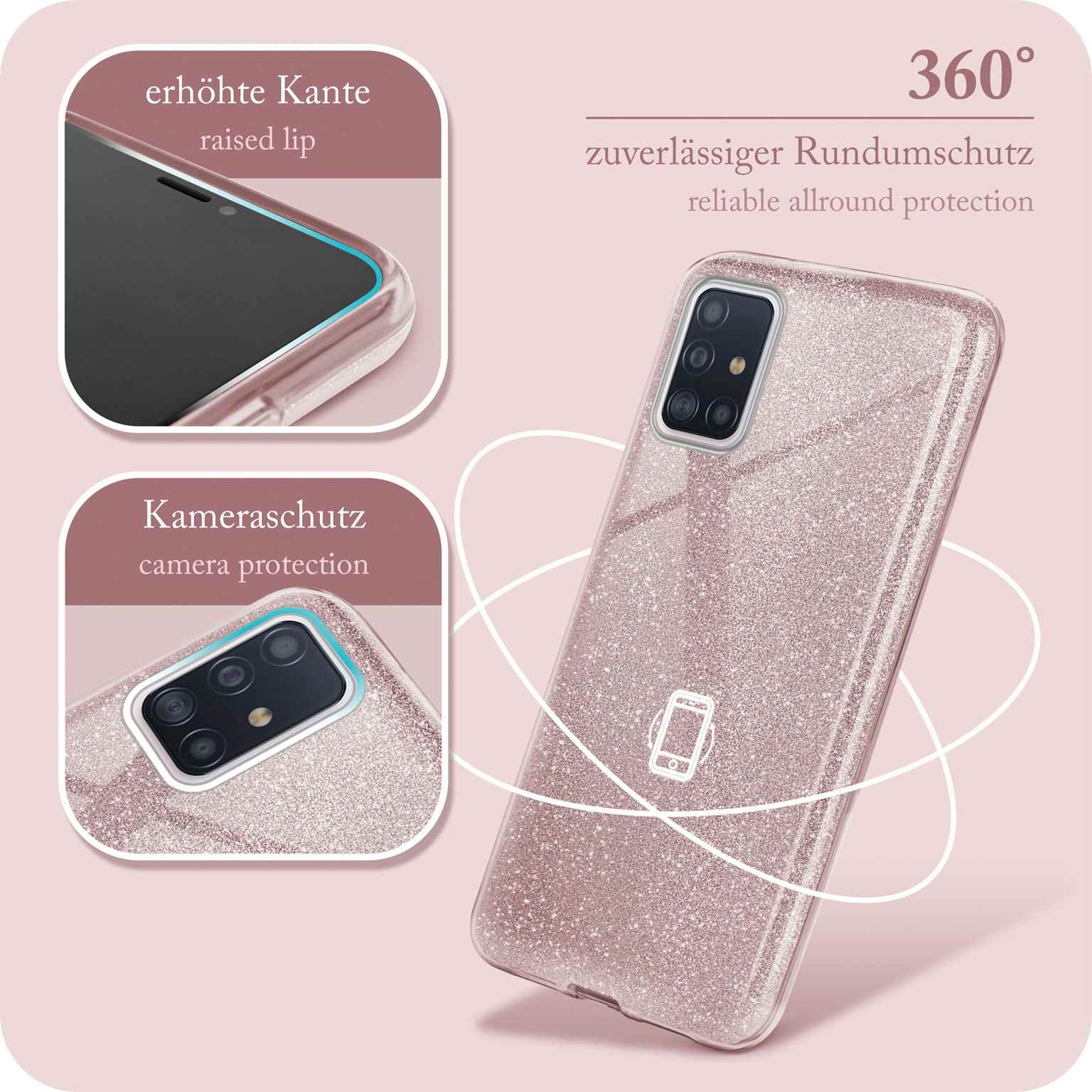 Nahaufnahme einer rosa Glitzer-Handyhülle mit Details und Beschriftungen.
