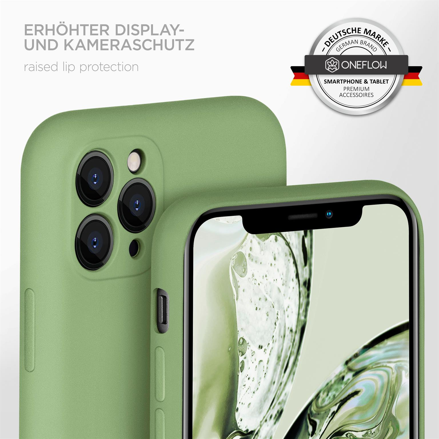 Eine grüne Handyhülle und ein Telefon. Text zeigt erhöhten Display- und Kameraschutz an.