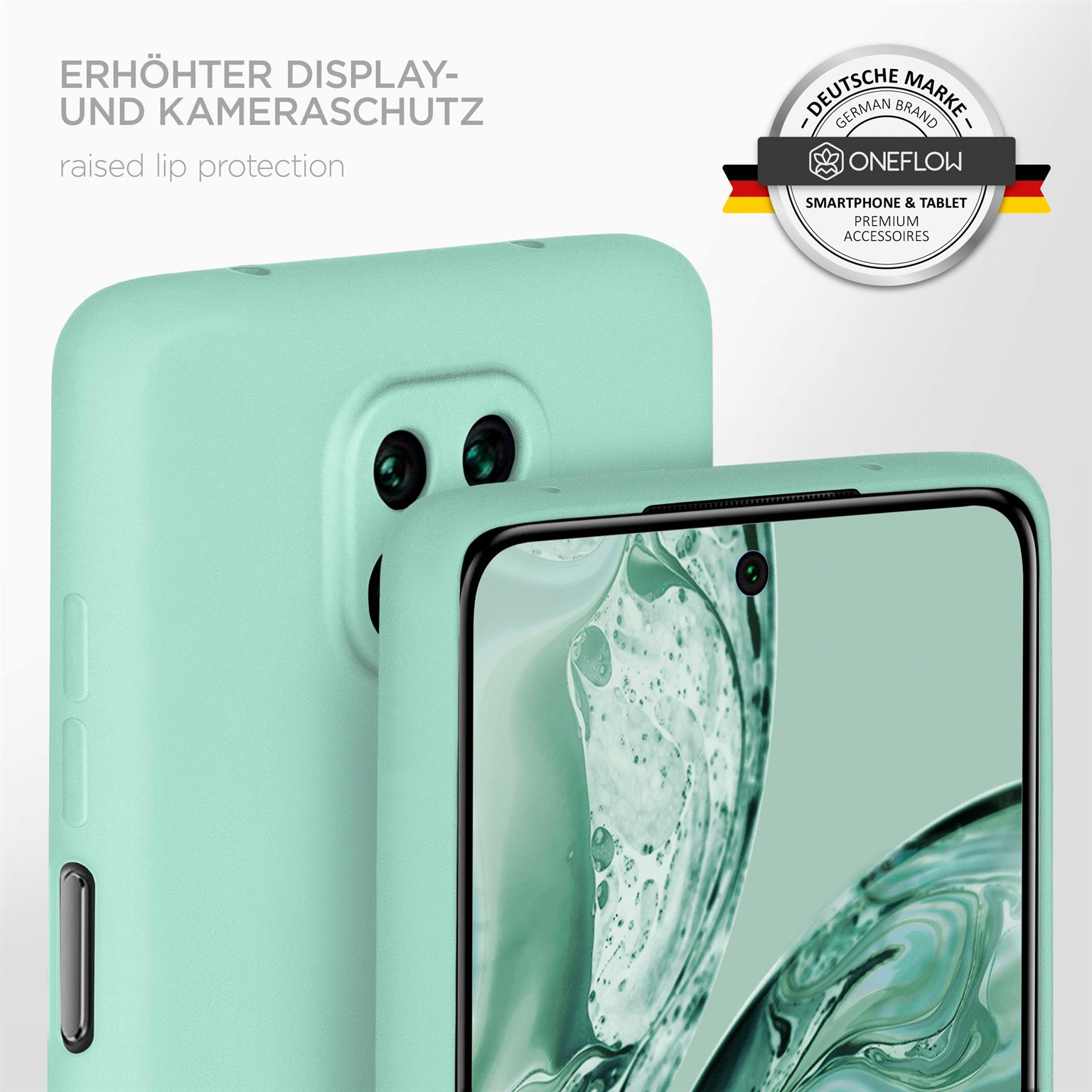 Minzgrüne Handyhülle mit Kamera und sichtbarem Bildschirm. Text sagt 'erhöhter Displayschutz' und 'Premium-Zubehör'.