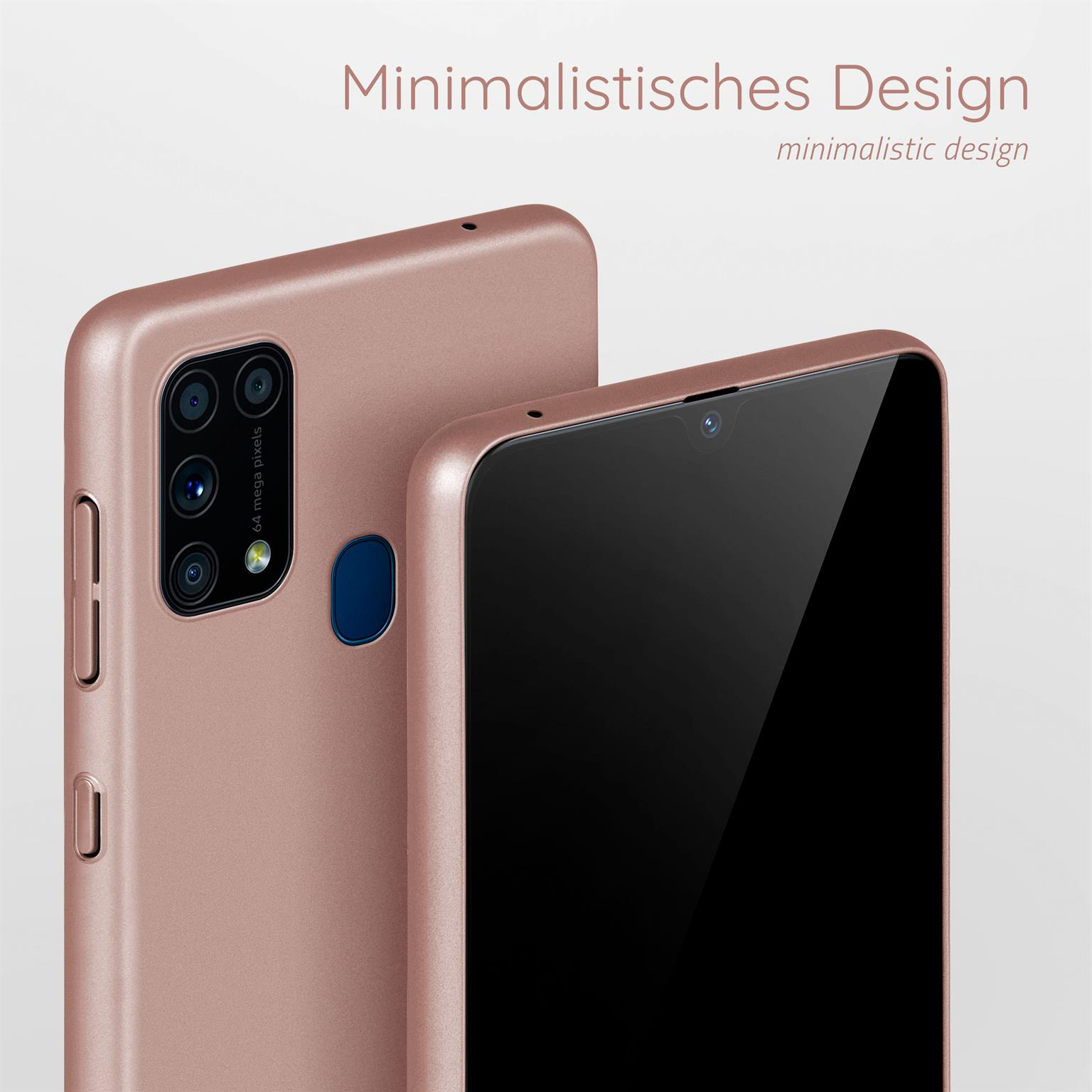 Zwei Telefone mit roségoldenen Hüllen, eins mit Kameraausbuchtung.