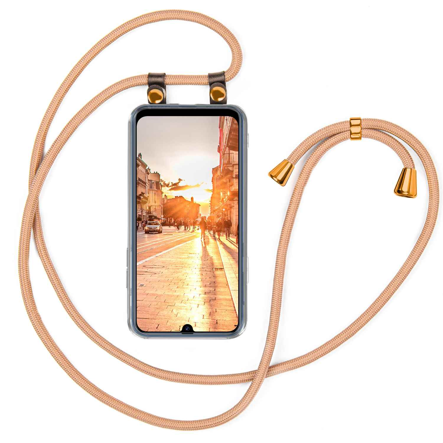 Telefon mit Lanyard, das eine Stadtstraßenszene bei Sonnenuntergang zeigt.