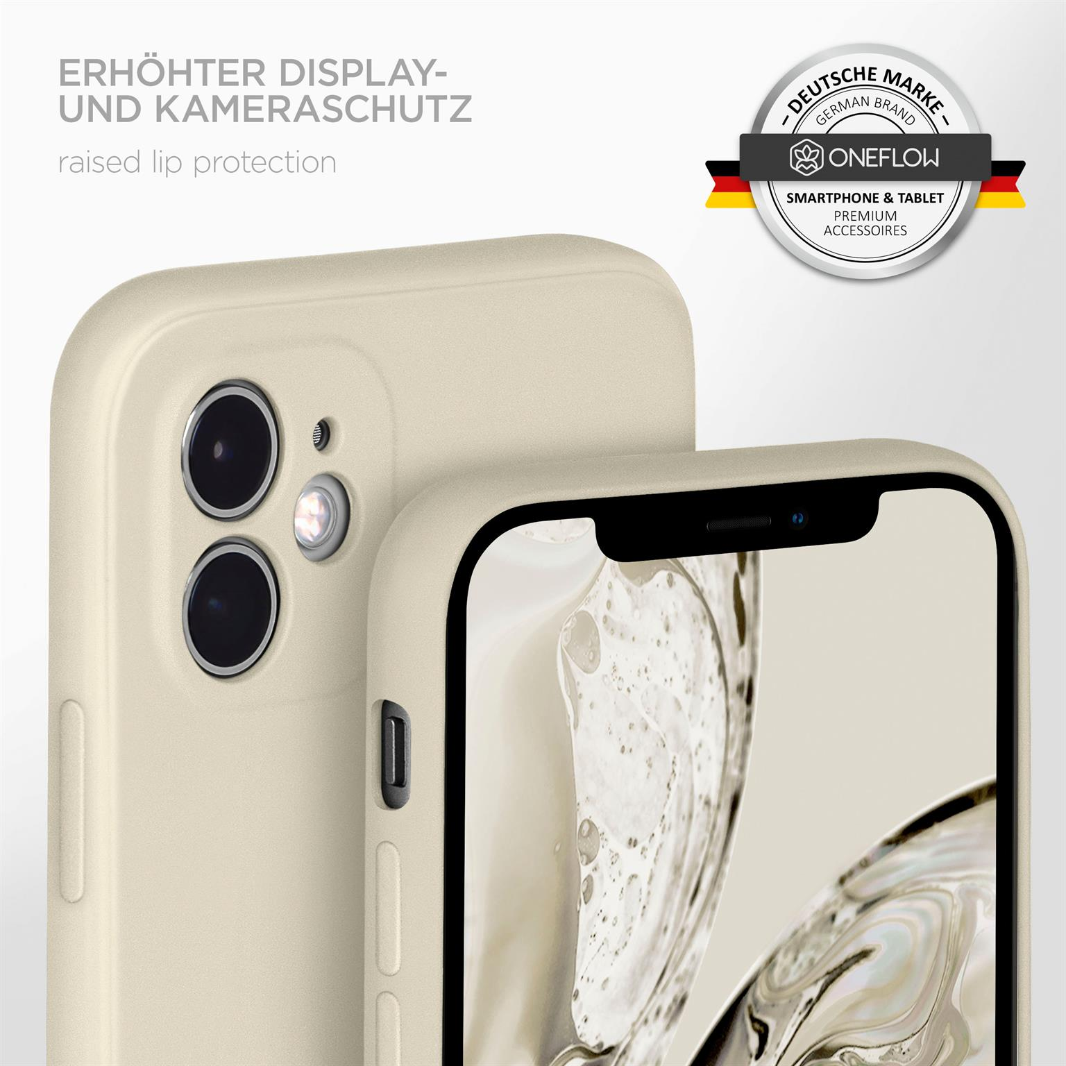Nahaufnahme einer beigefarbenen Handyhülle mit einem Telefon darin. Text: "Raised lip protection".