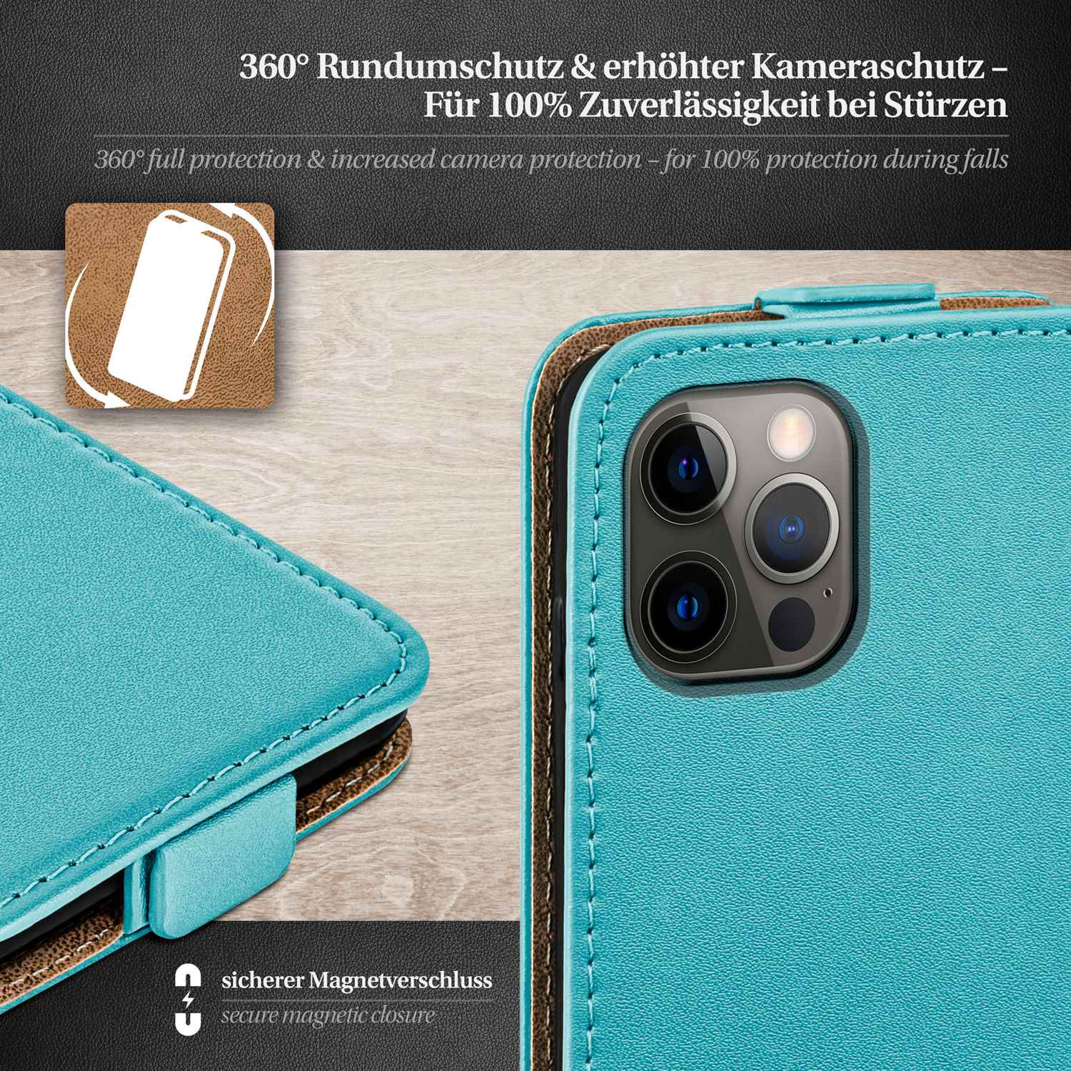 Nahaufnahme einer Handyhülle. Text: 360° Rundumschutz und sicherer Magnetverschluss. Blauer Hintergrund.
