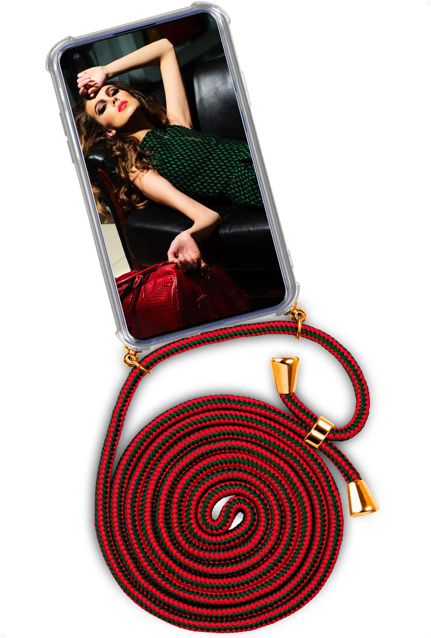 Ein Telefon mit einer Frau, die eine rote Tasche hält, befestigt an einer rot-grünen Kordel.