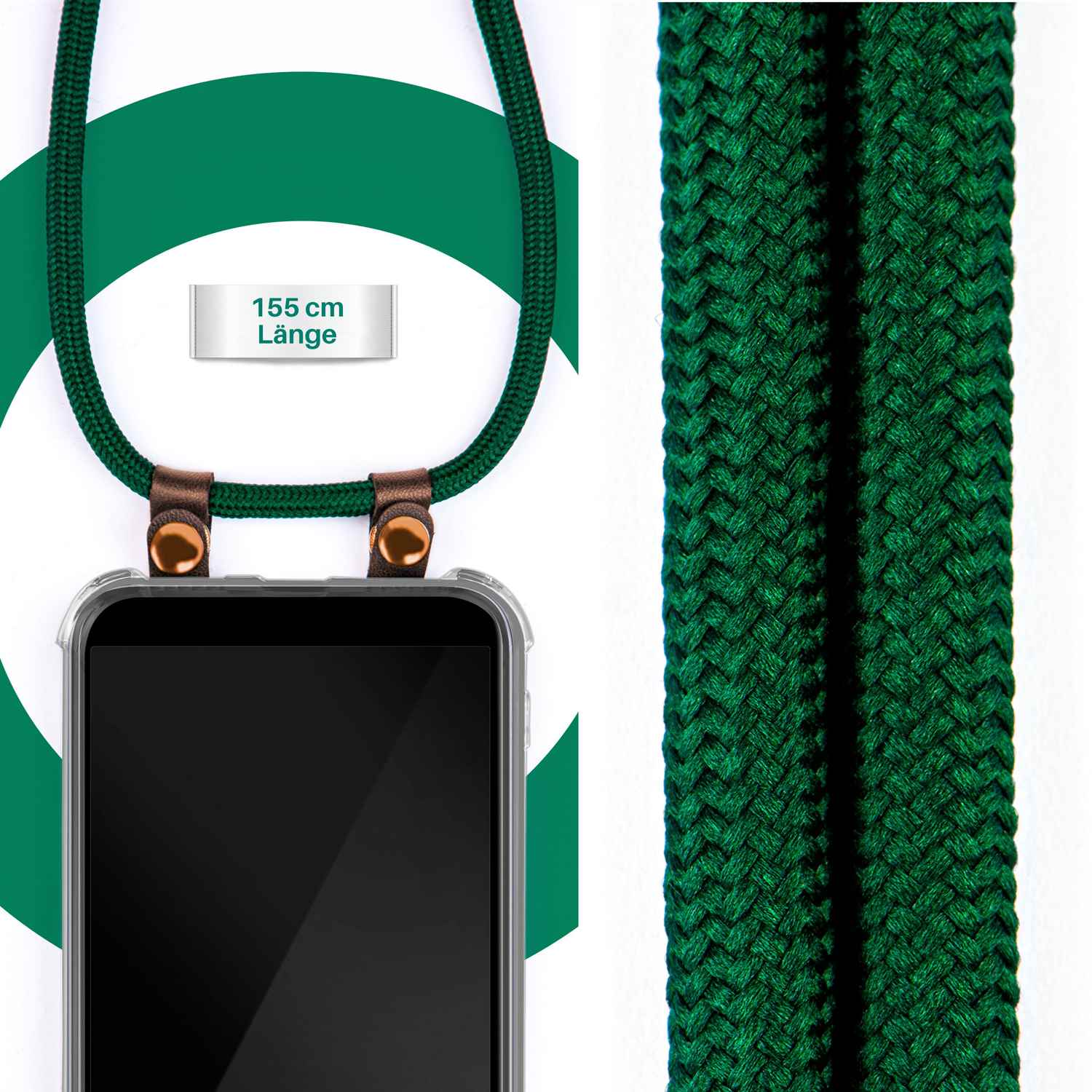Grünes Telefon-Lanyard mit 155 cm Text. Schwarzes Telefon im Gehäuse.