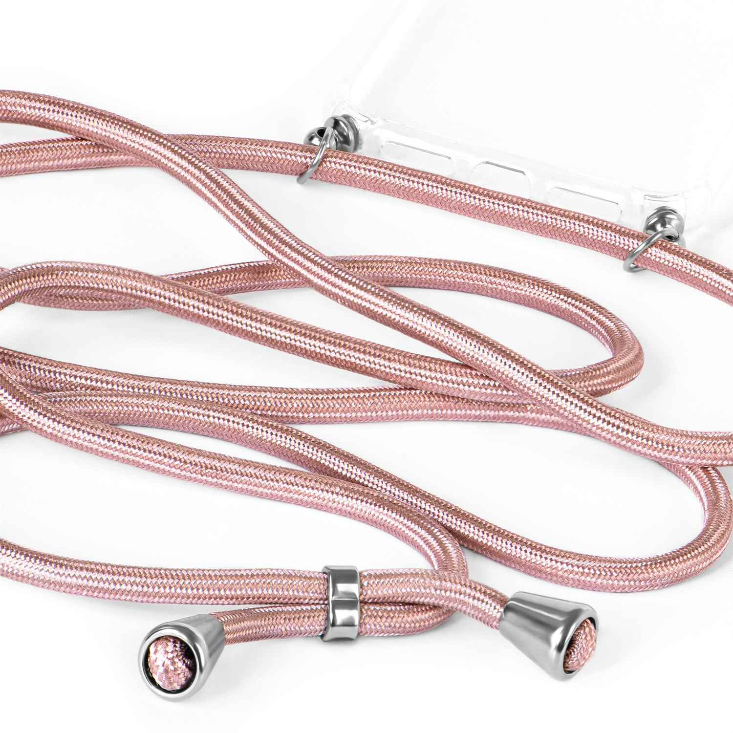 Nahaufnahme eines rosa Handy-Lanyards auf weißem Hintergrund.