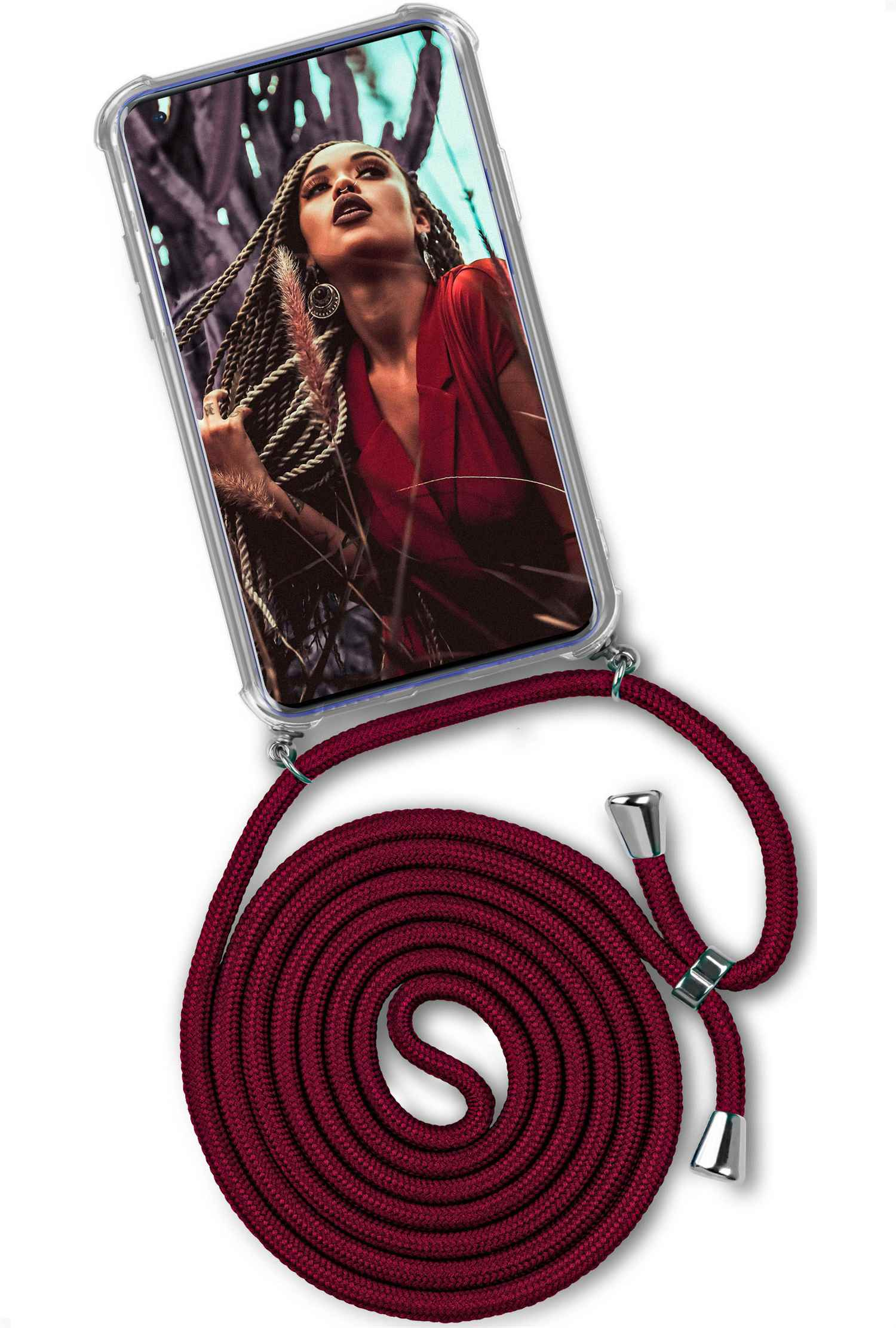 Telefon in einer transparenten Hülle mit roter Kordel. Das Telefon zeigt eine Frau in rotem Kleid.