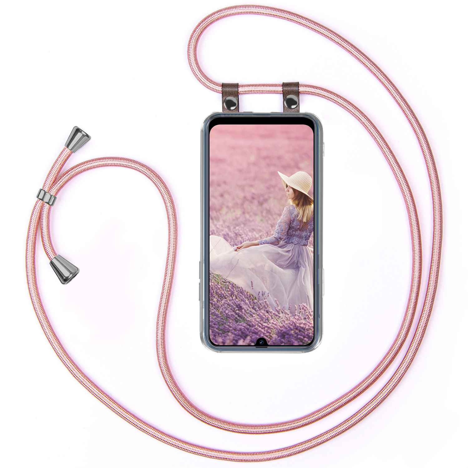 Telefon in einer durchsichtigen Hülle mit rosa Kordel. Das Telefon zeigt Frau mit Hut in Blumenfeld.