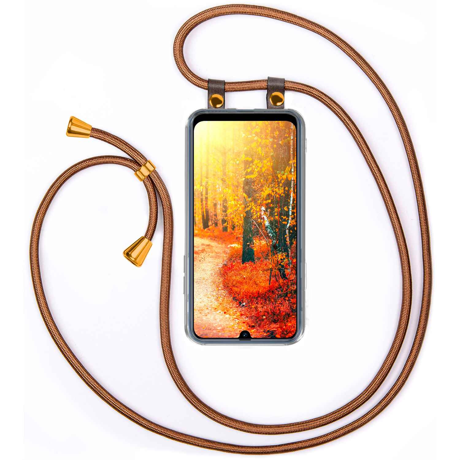 Telefon mit braunem Kabel. Der Bildschirm zeigt eine Waldszene mit Weg und Herbstfarben.