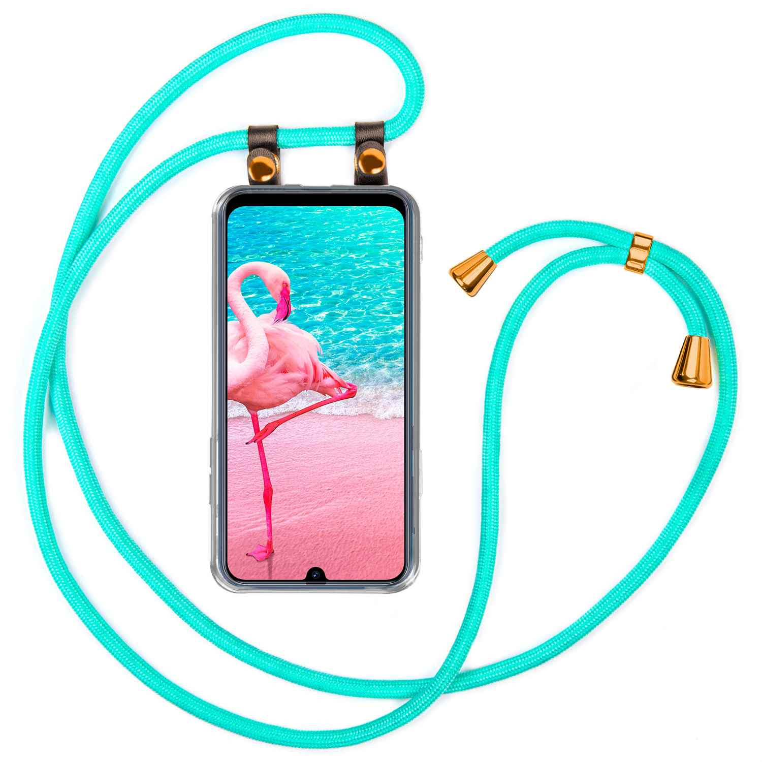 Telefon mit türkis Lanyard. Bild zeigt einen rosa Flamingo am rosa Strand.