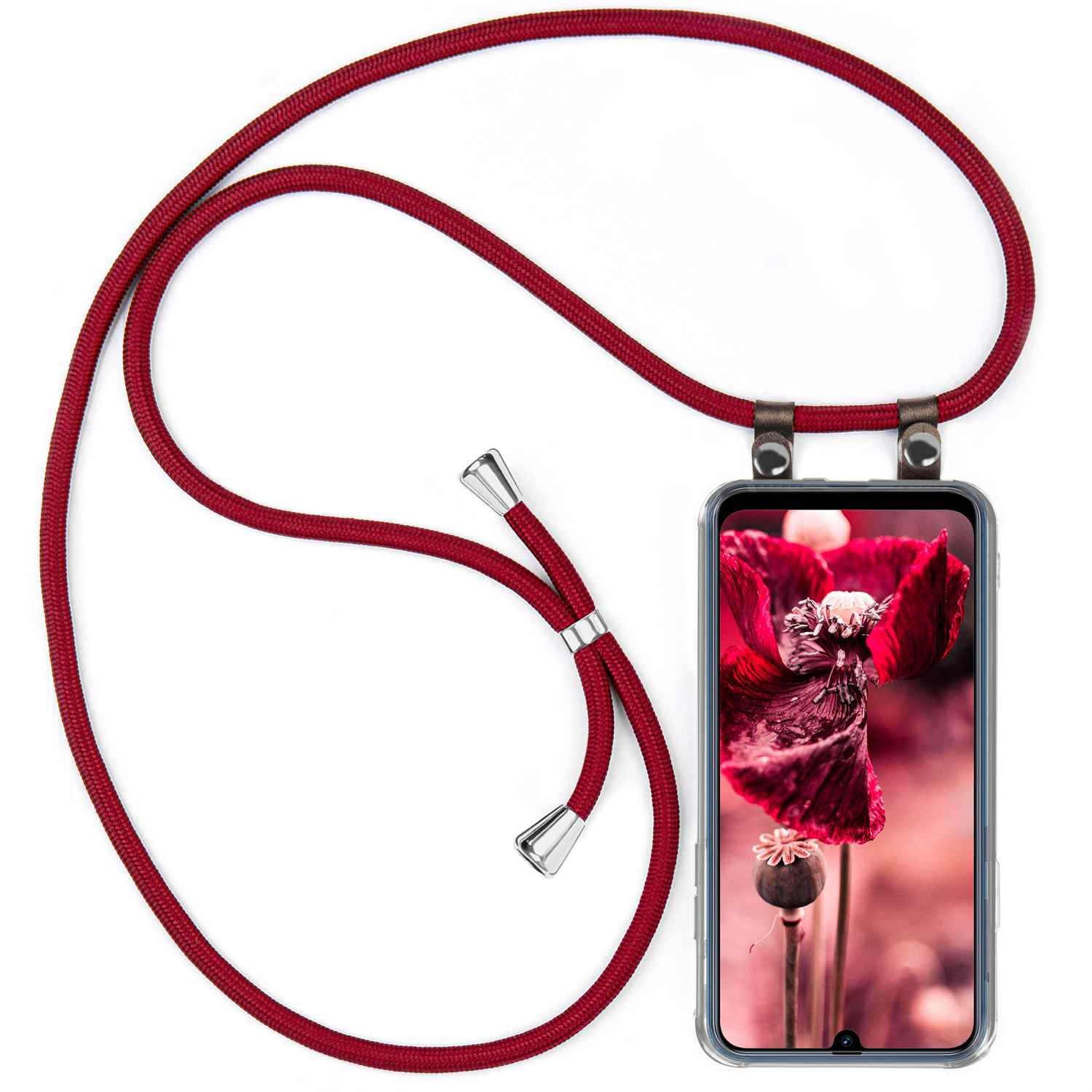 Handyhülle mit rotem Blumenbild. Rotes Schlüsselband darunter.