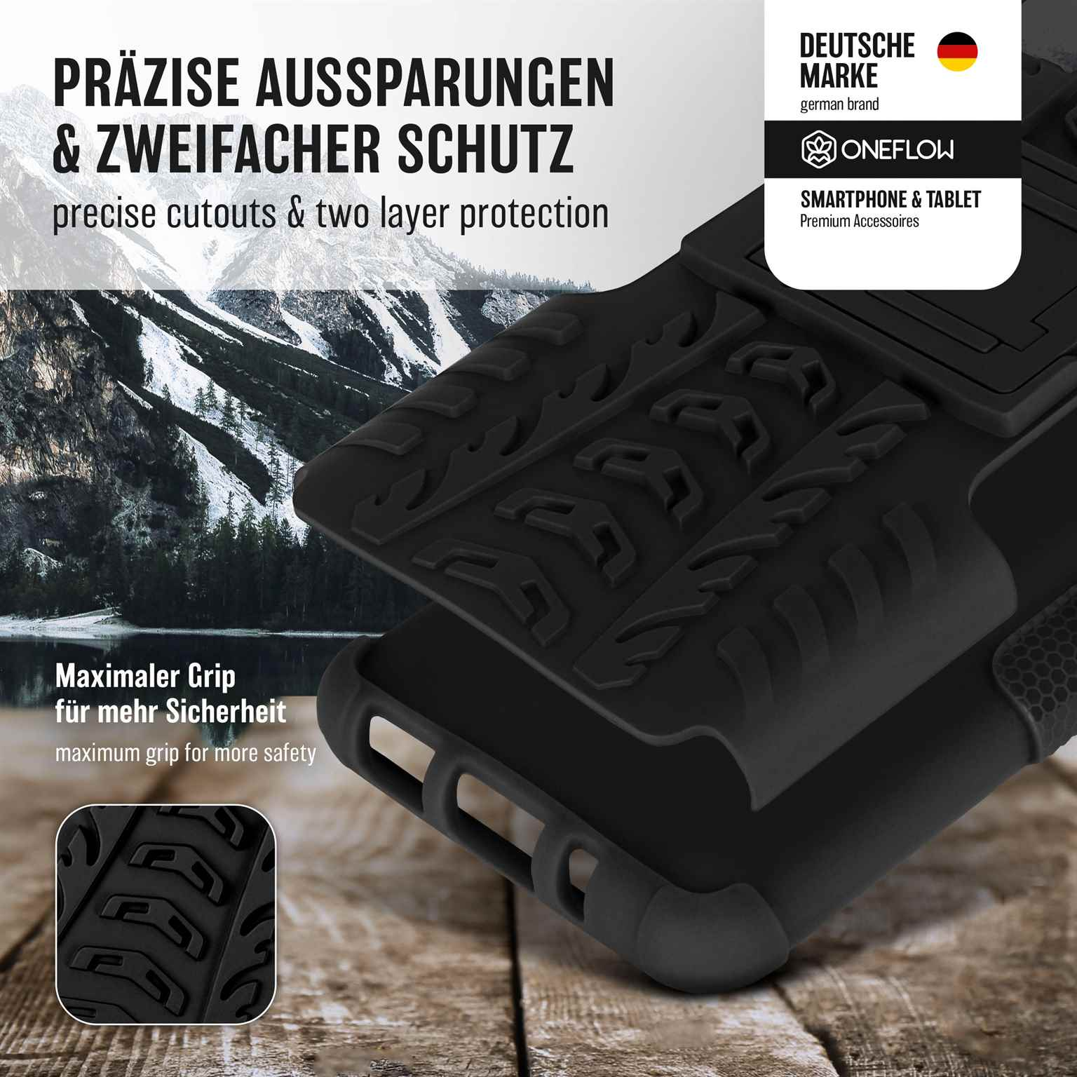 Schwarze Handyhülle mit strukturiertem Design. Der Hintergrund zeigt eine Berg- und Seelandschaft.