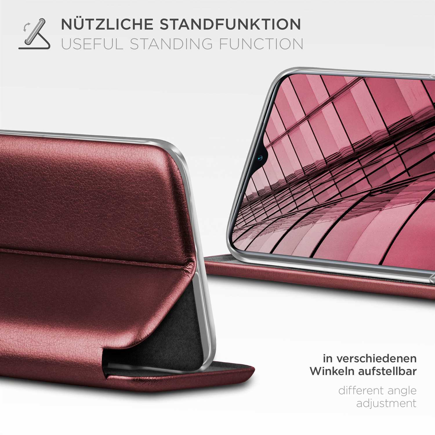 Geöffnete Handyhülle, die den Bildschirm zeigt, und der Text lautet: „Nützliche Standfunktion“.