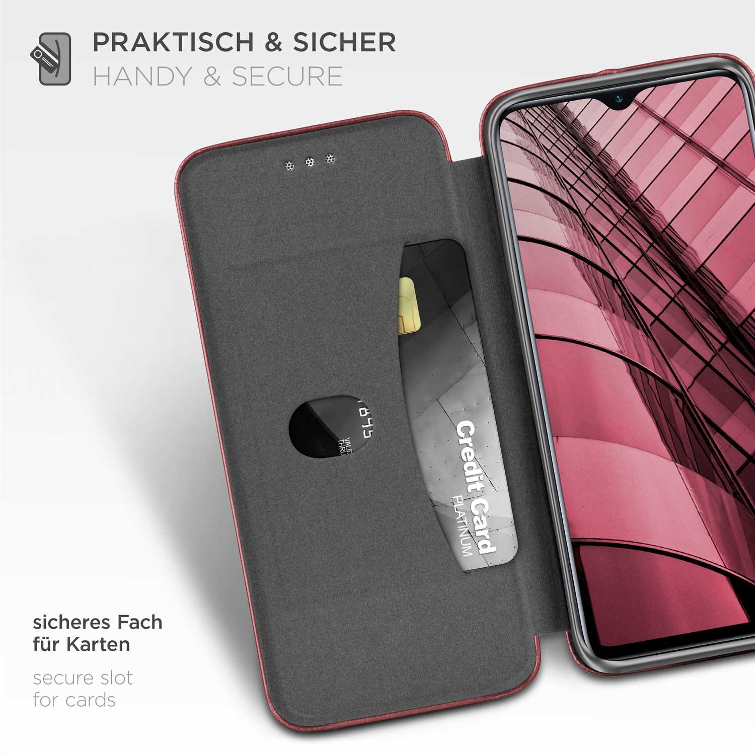 Eine Handyhülle mit Kreditkartenfach. Text sagt „sicheres Fach für Karten“ und „Kreditkarte Platin“.