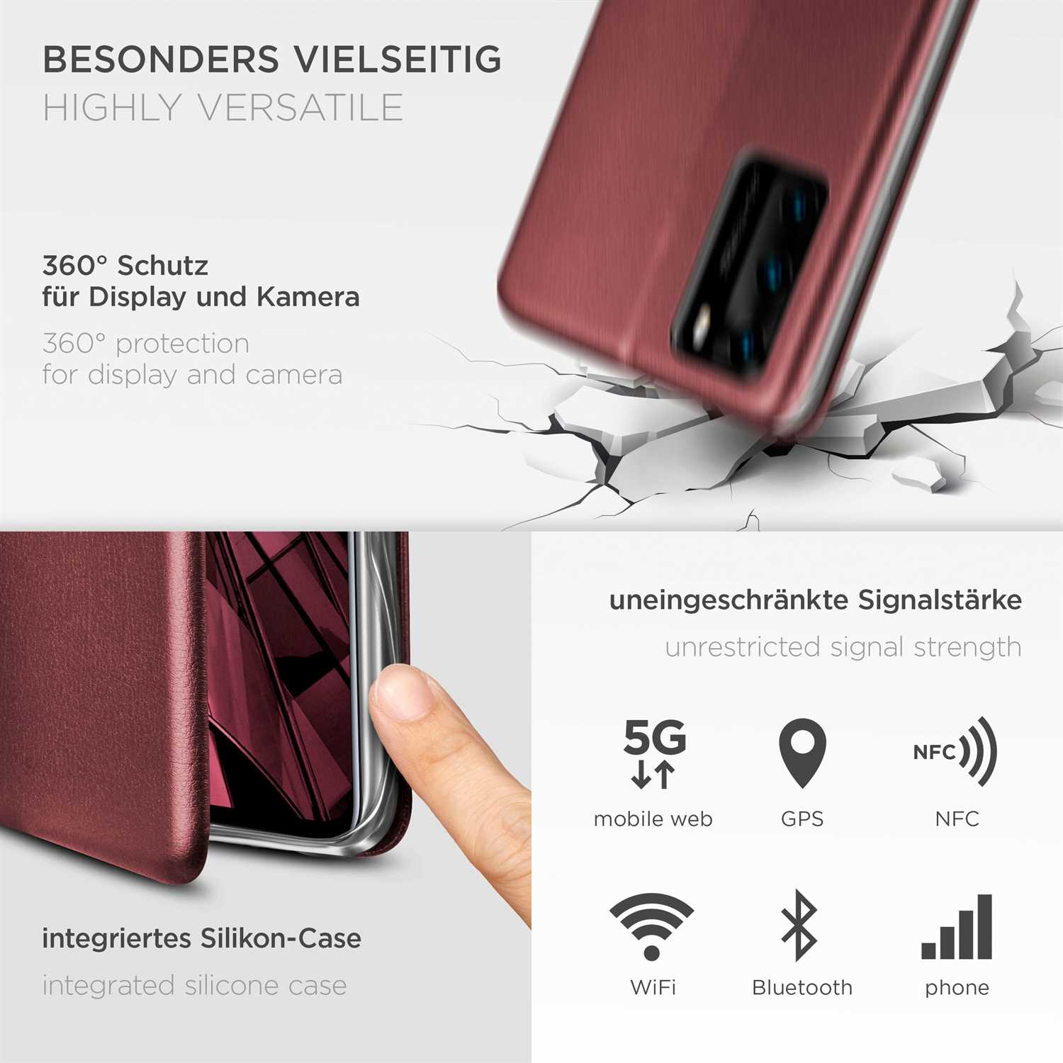 Handyhülle mit Funktionen. Grafiken zeigen 5G, GPS, NFC, WLAN, Bluetooth und Signalstärke.