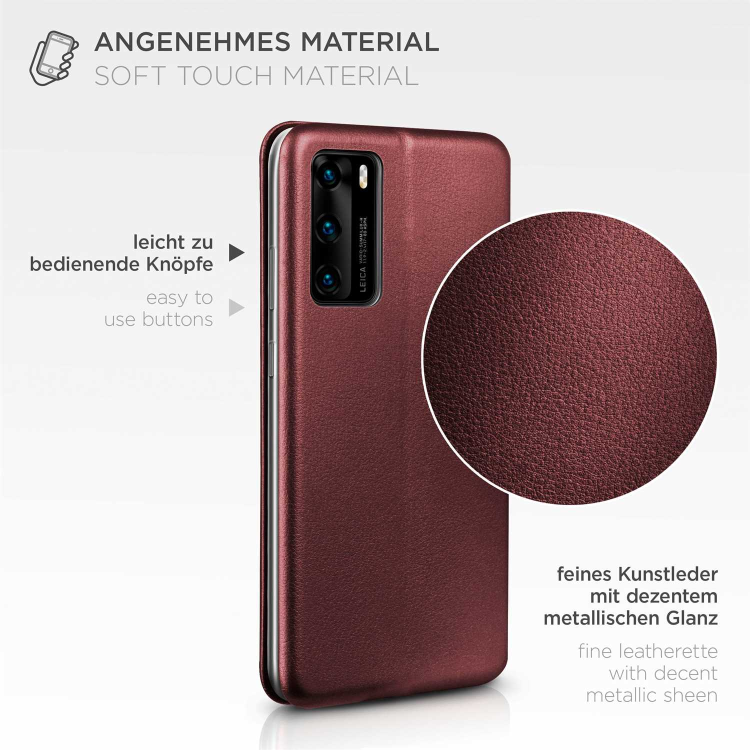 Burgunderfarbene Handyhülle mit metallischem Glanz und Text über einfach zu bedienende Tasten.