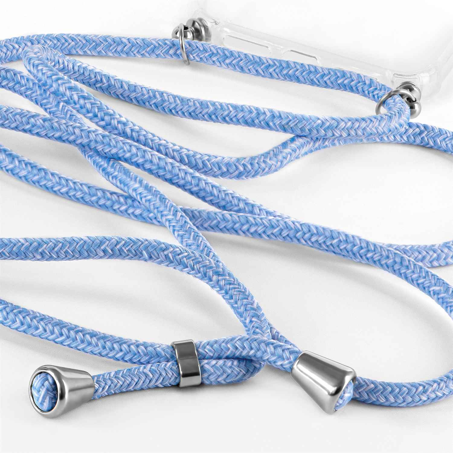 Blaues Telefon-Lanyard mit transparenter Hülle. Gedrehte blaue Schnur mit silbernen konischen Enden. Weißer Hintergrund.