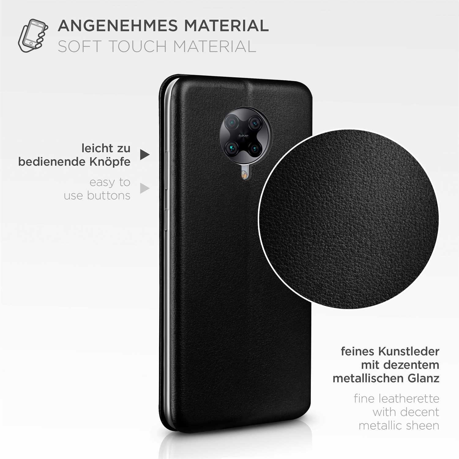 Schwarze Handyhülle mit Text und Details der Hülle.