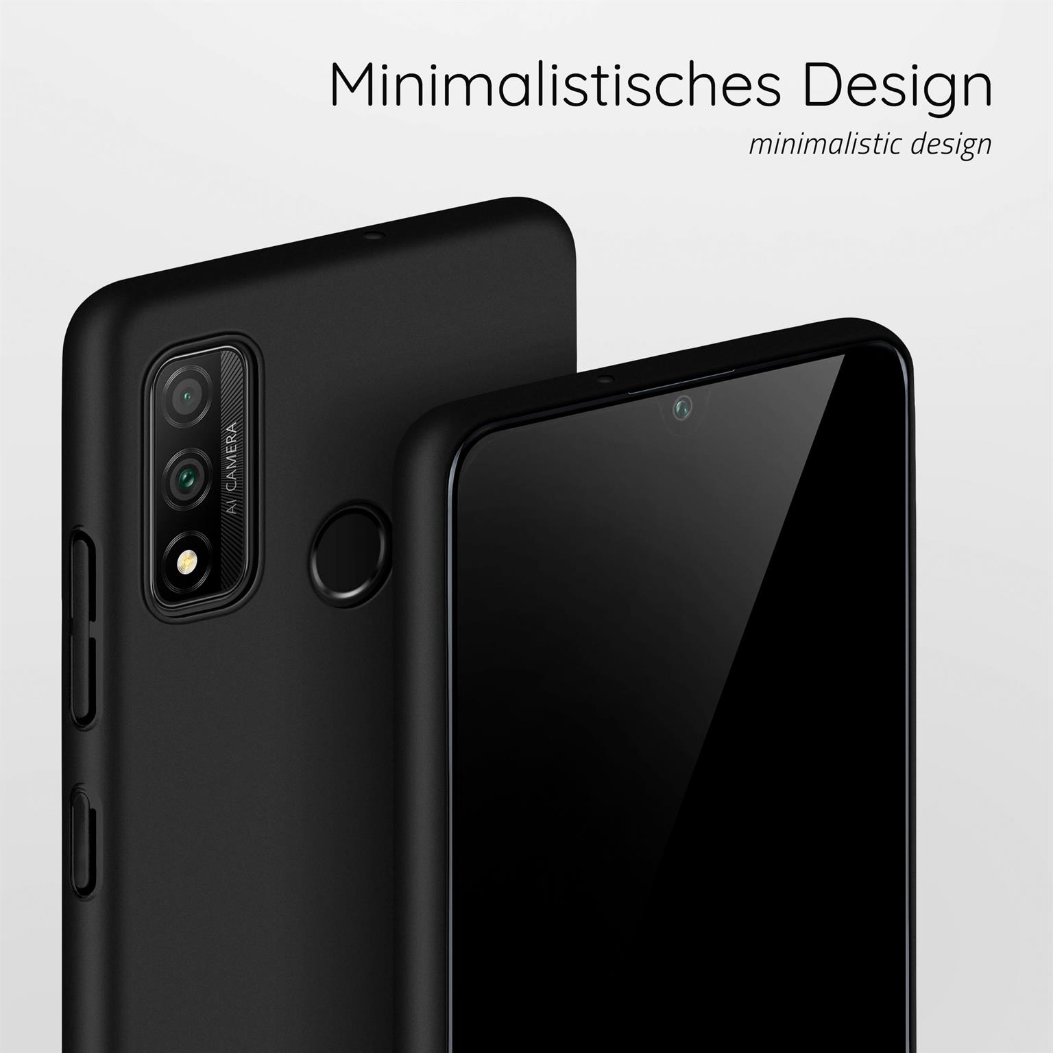 Nahaufnahme einer schwarzen Handyhülle mit einem Telefon darin. Die Worte minimalistisches Design stehen oben.