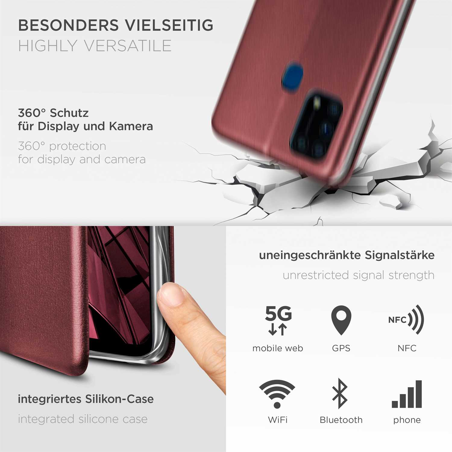 Handyhülle mit Text-Overlay und Symbolen, die Funktionen wie 5G, GPS, NFC und WLAN anzeigen.