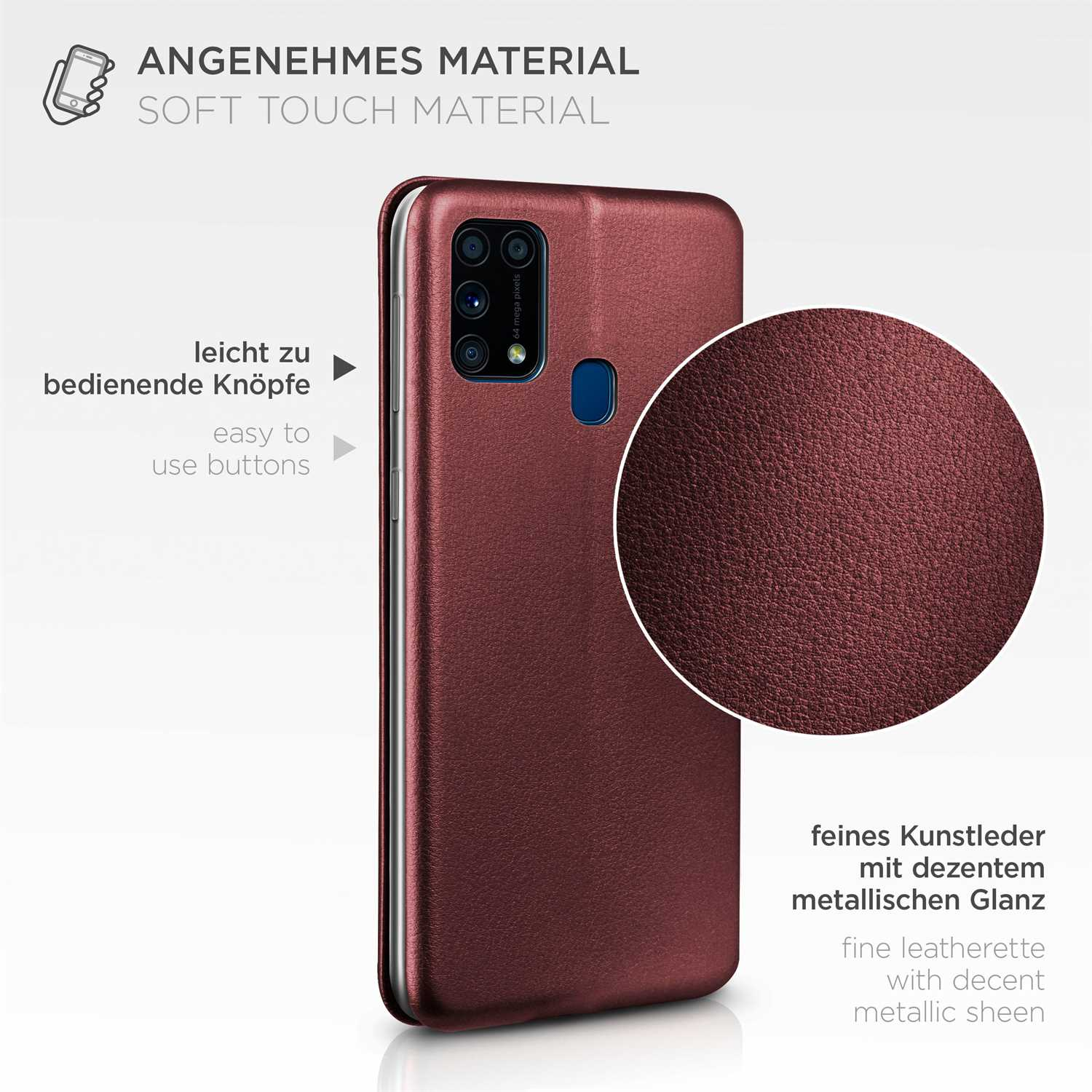 Eine weinrote Handyhülle mit Soft-Touch-Material, einfach zu bedienenden Tasten und metallischem Glanz.