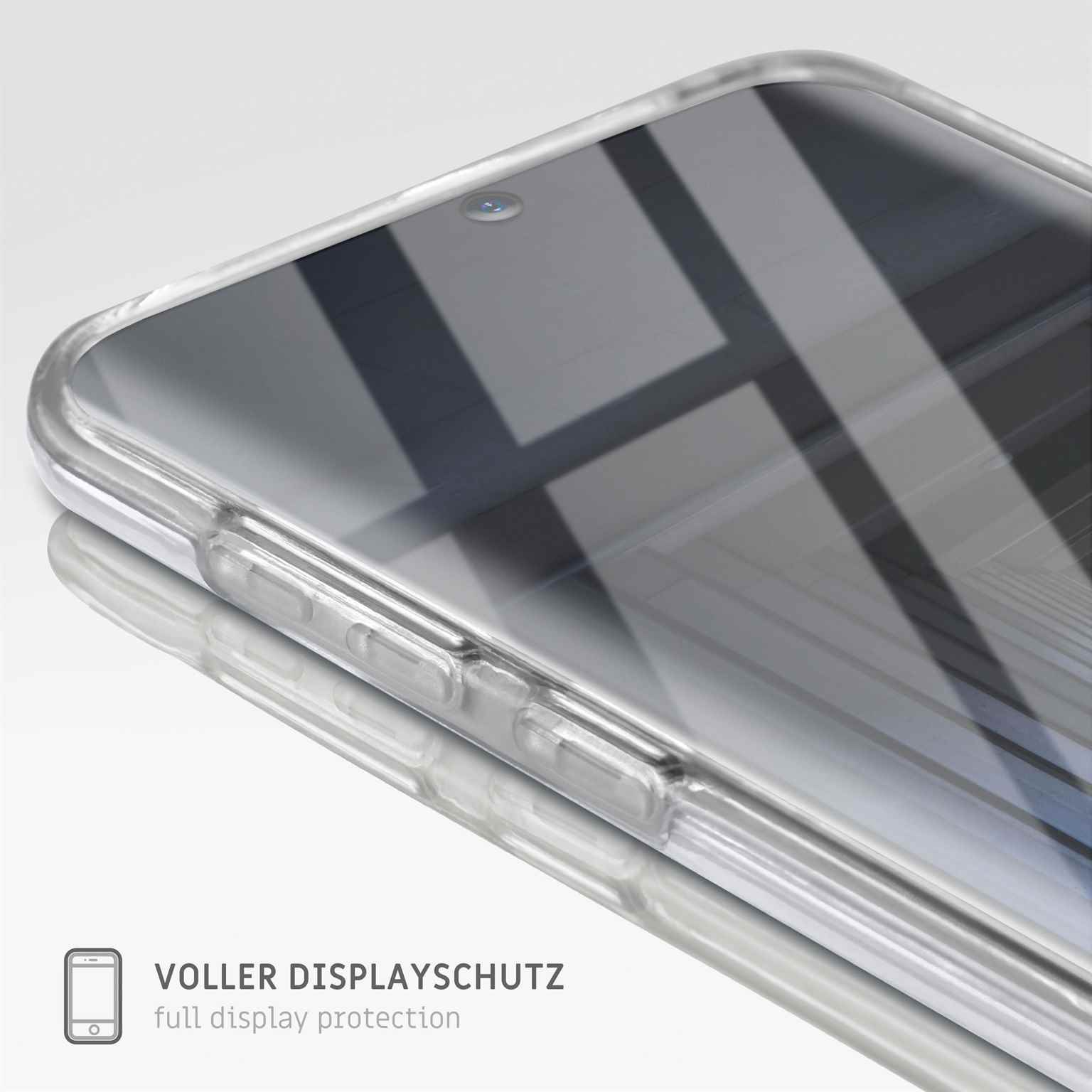 Transparente Handyhülle. Text: Vollständiger Displayschutz.