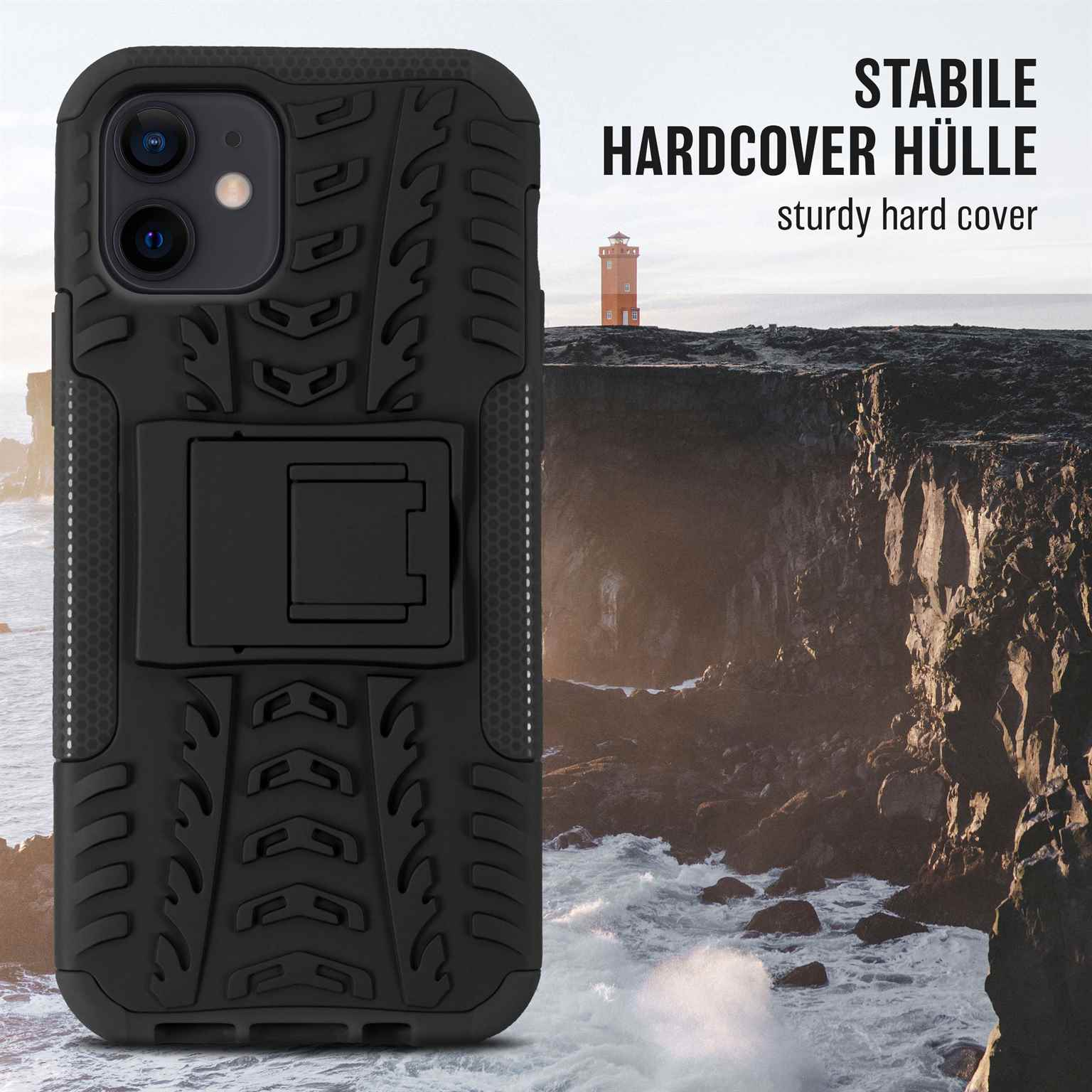 Eine schwarze Handyhülle mit Ständer, vor dem Hintergrund einer Klippe und dem Himmel.