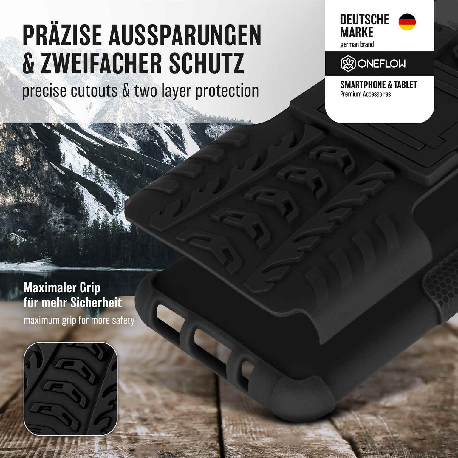 Eine schwarz-gelbe Handyhülle. Text zeigt präzise Aussparungen und zweischichtigen Schutz an.