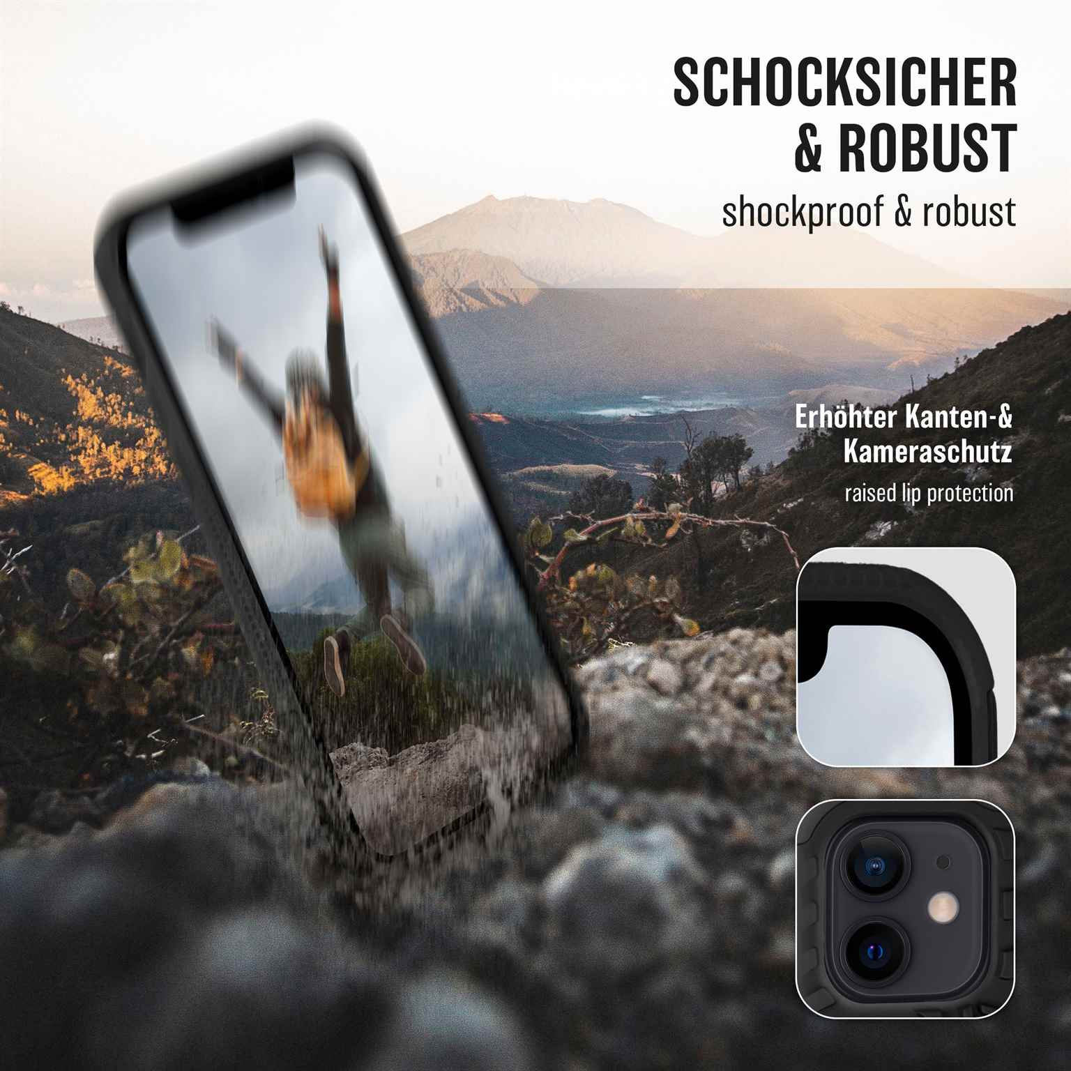 Ein Telefon in einem Gehäuse, das eine stürzende Person zeigt. Text sagt stoßfest & robust, mit erhöhter Lippe.