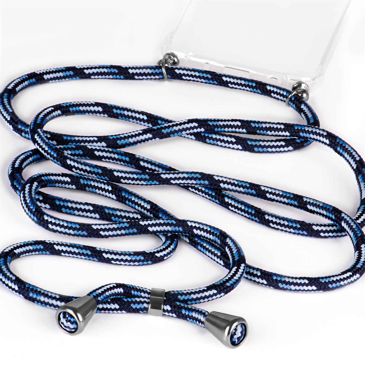 Handyband mit blau-weißem Muster und silbernen Metallenden.