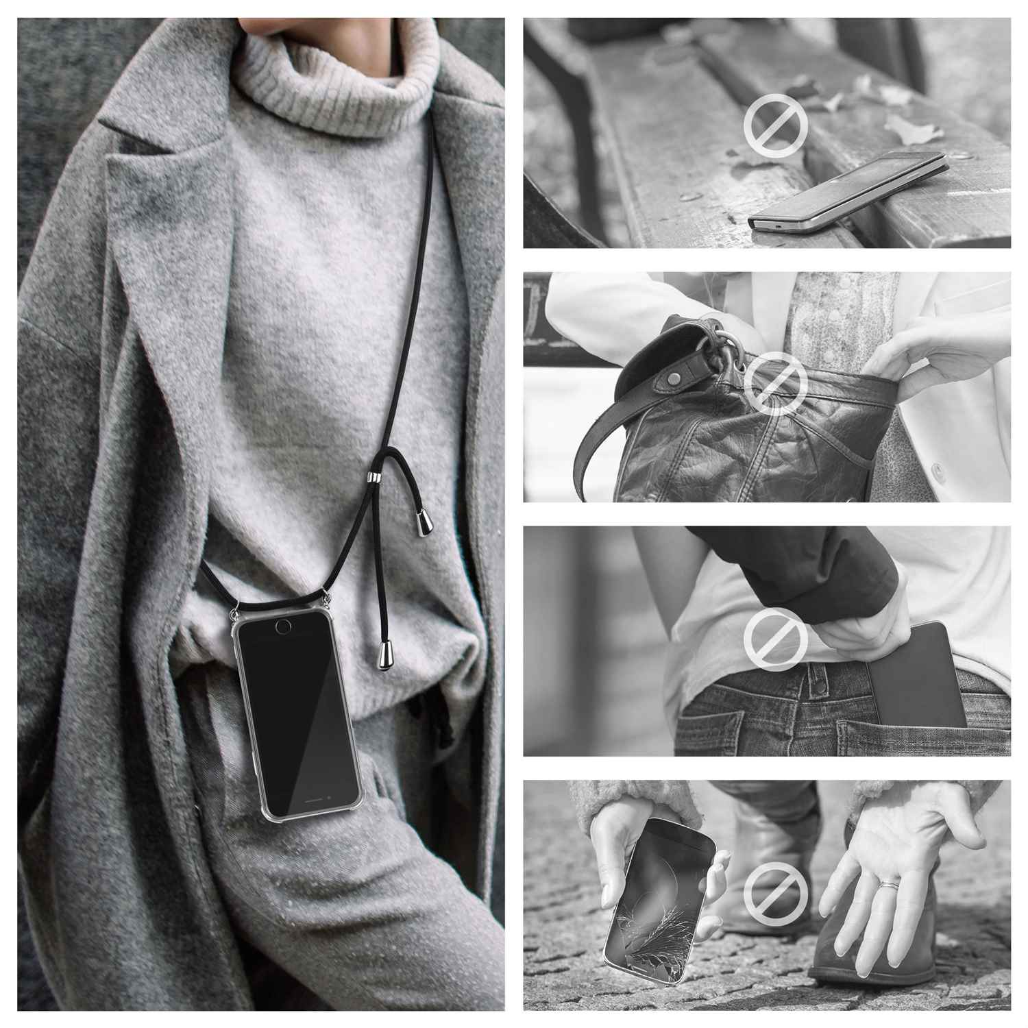 Collage von Bildern: Frau mit Telefon an der Schnur, Telefon in der Tasche, in der Tasche und auf dem Boden.