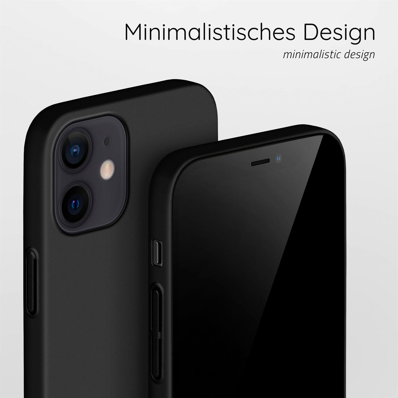 Zwei schwarze Handyhüllen, eine auf der Seite, die andere mit sichtbarem Bildschirm. Text lautet 'Minimalistisches Design'.