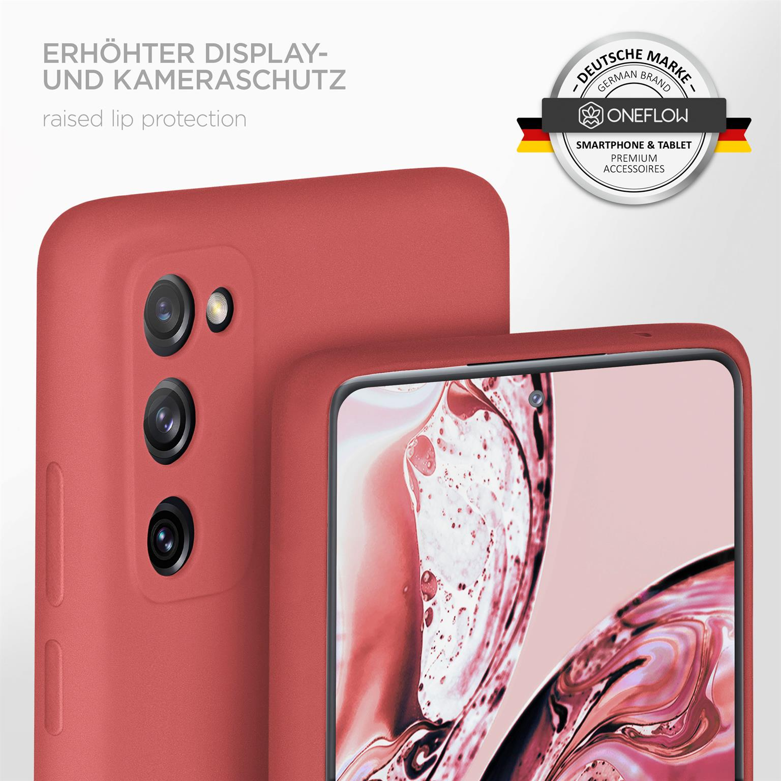 Nahaufnahme einer roten Handyhülle mit erhöhtem Kameraschutz. Die Hülle ist auf einem Telefon. Weißer Hintergrund.