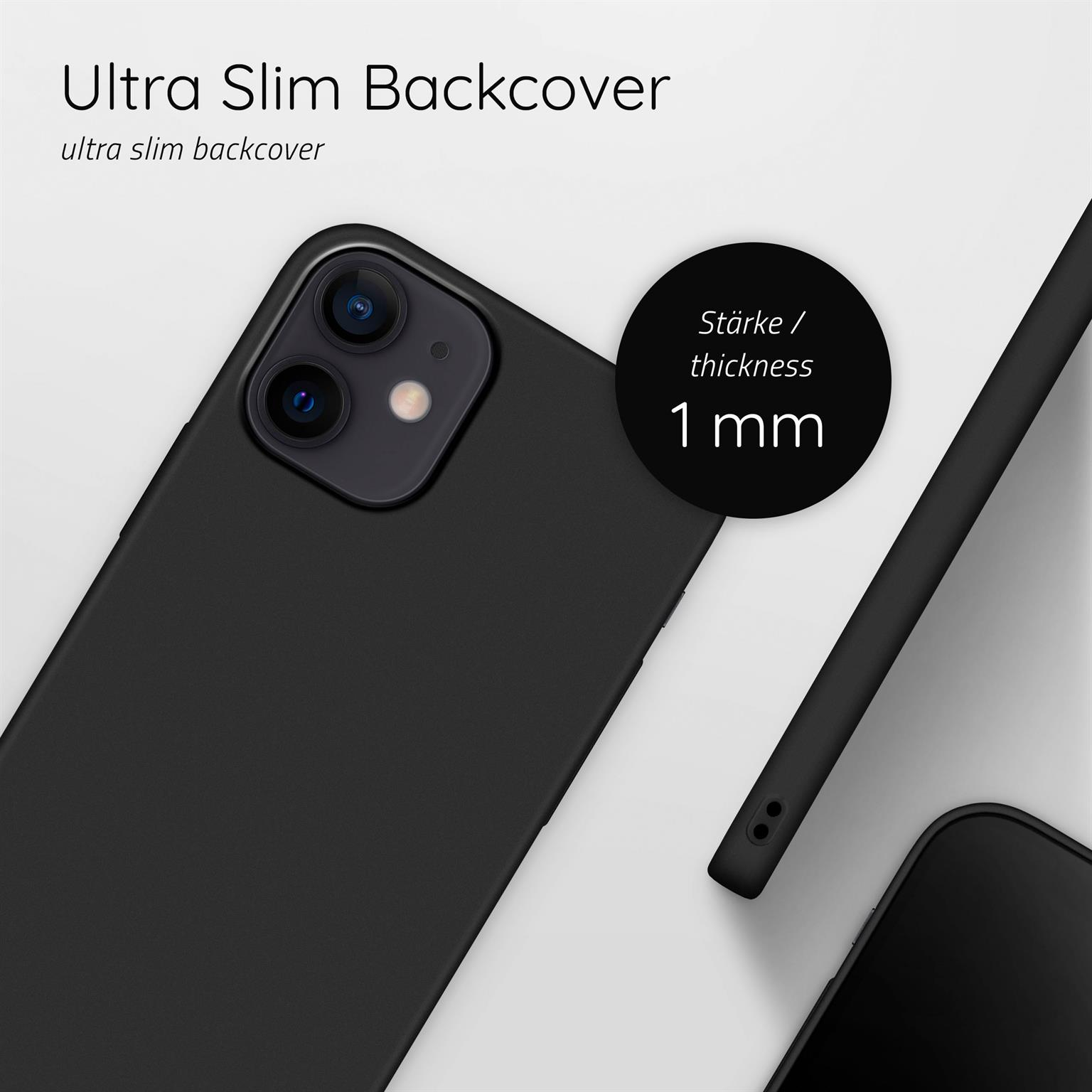 Eine schwarze Handyhülle, Nahaufnahme. Text auf der Hülle: '1 mm Dicke'.