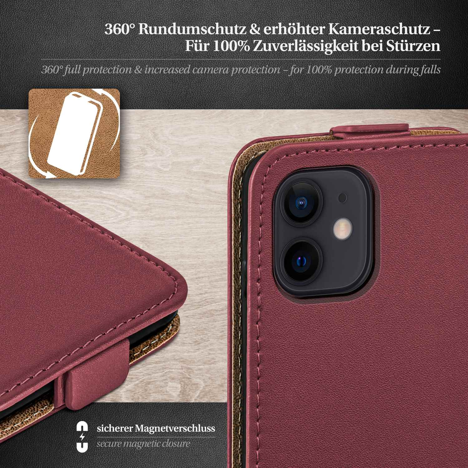 MOEX Flip Case, iPhone mini, Maroon-Red Apple, Flip 12 Cover