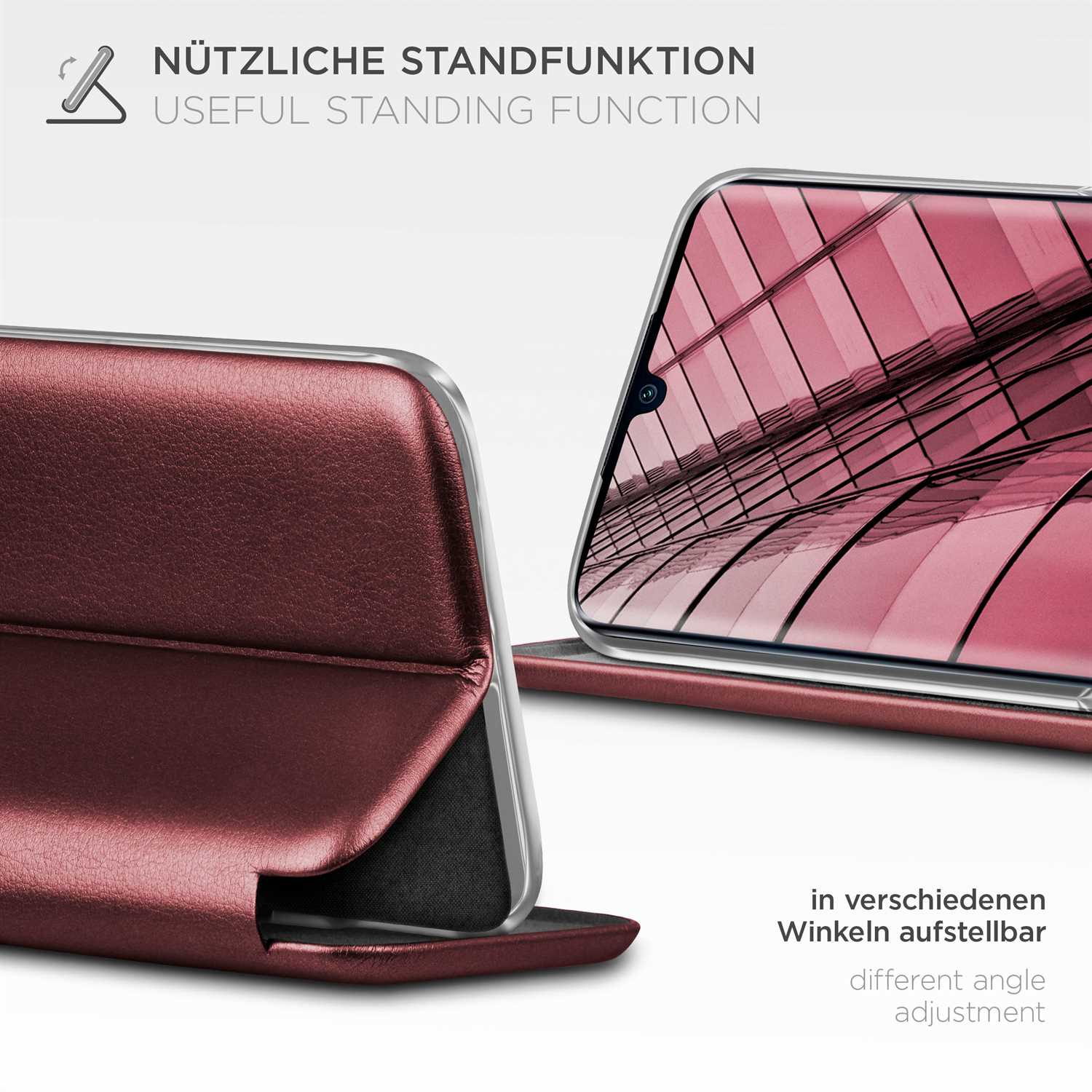 Handyhülle mit Standfunktion. Hülle bordeauxrot, Telefon zeigt ein Bild.