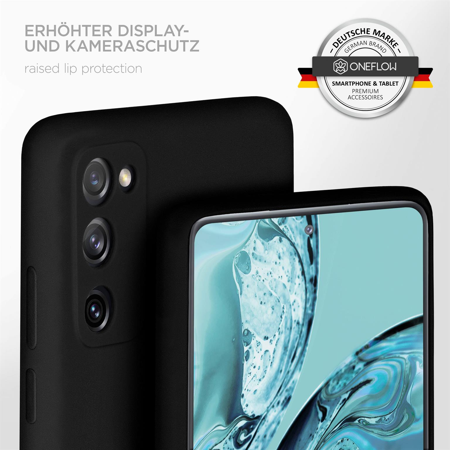 Schwarze Handyhülle. Zwei Kameras. Schwarzer Hintergrund. Text: Erhöhter Schutz.