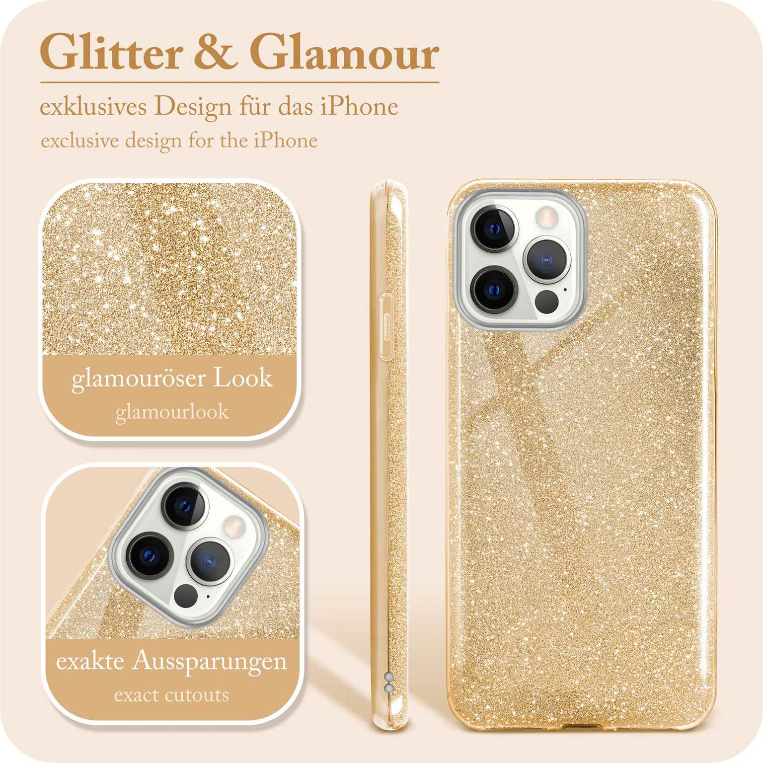 Goldene Glitzer-Handyhülle mit glamourösem Look. Weißer Hintergrund, Text, Nahaufnahme.