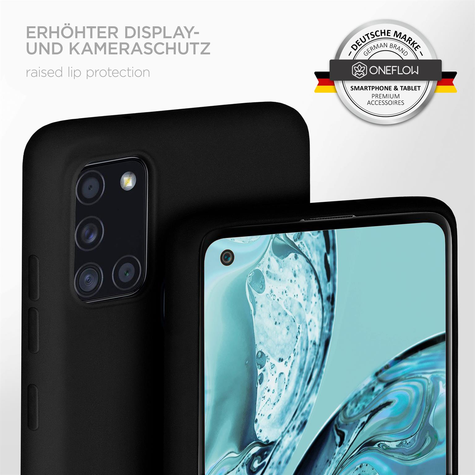 Schwarzes Handycase mit erhoehtem Display-/Kameraschutz. Logo "Oneflow".