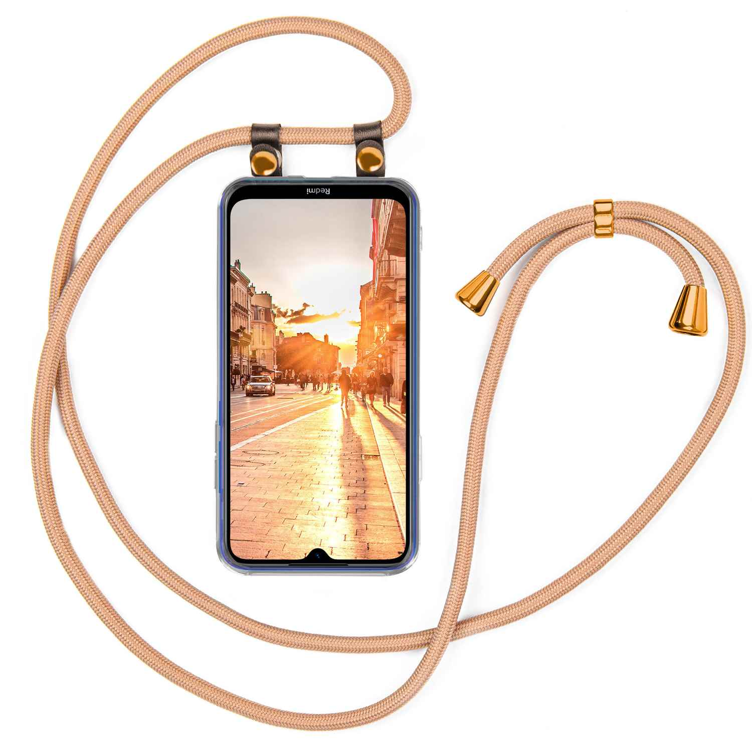 Telefon mit Umhängeband. Straßenszene auf dem Bildschirm. Beiges Kabel. Goldakzente. Braune Lederverbinder.