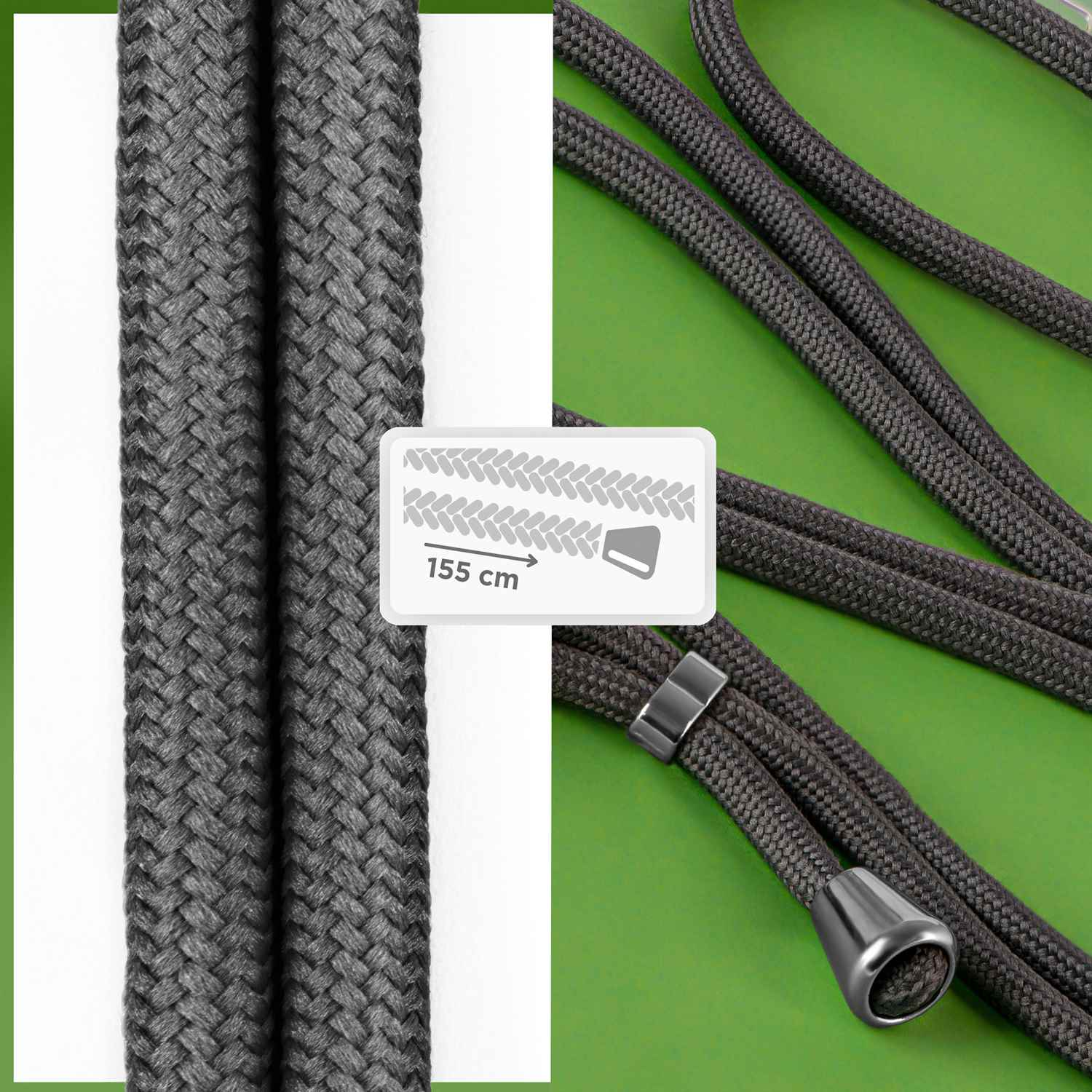 Nahaufnahme eines grauen geflochtenen Handy-Lanyards. Text: 155 cm.