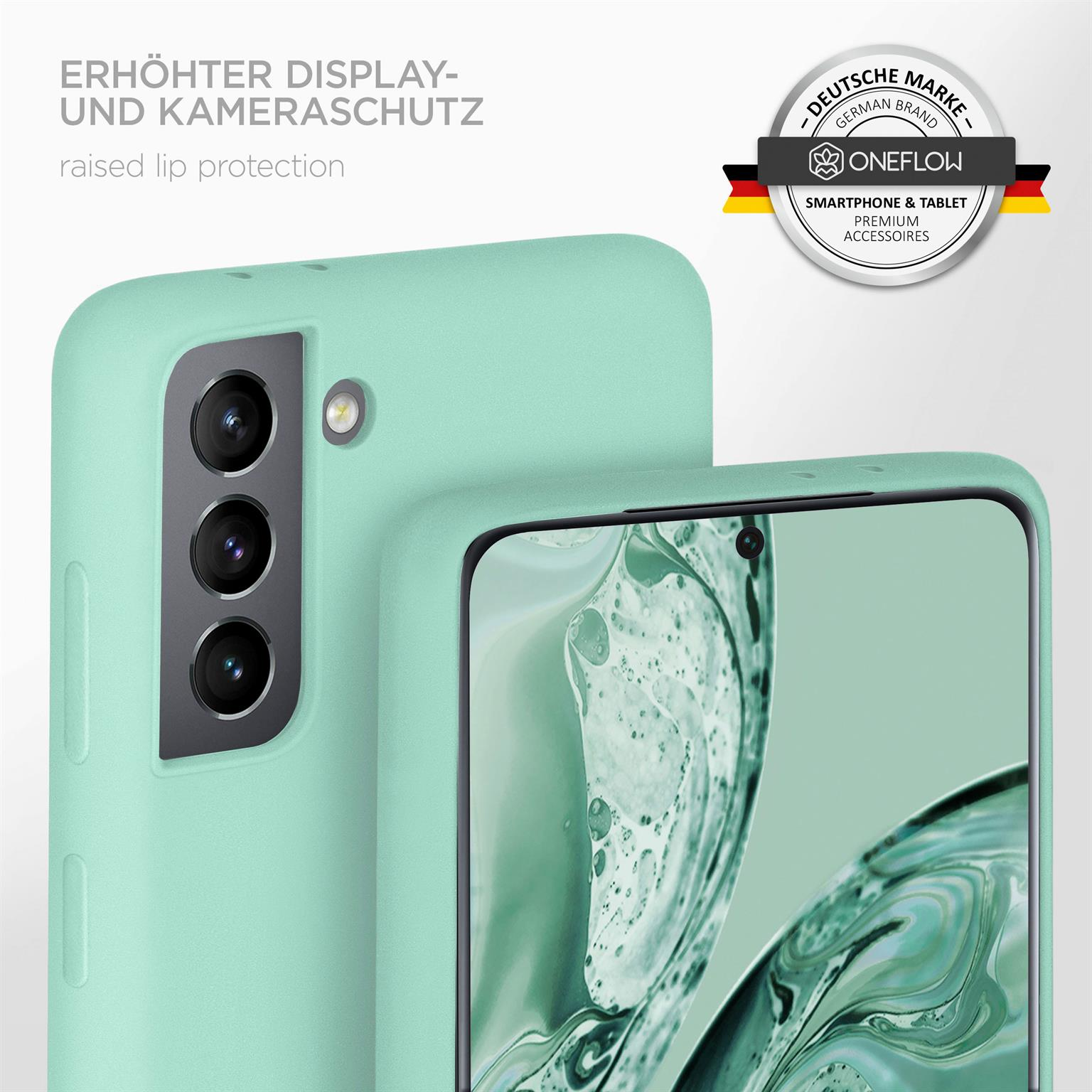 Minzgrüne Handyhülle mit Kameraausschnitten und Display. Erhöhter Lippenschutz sichtbar.