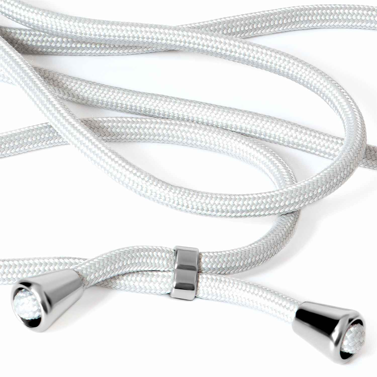 Ein silbernes Handy-Lanyard mit silbernen Endkappen und einem silbernen Verschluss.